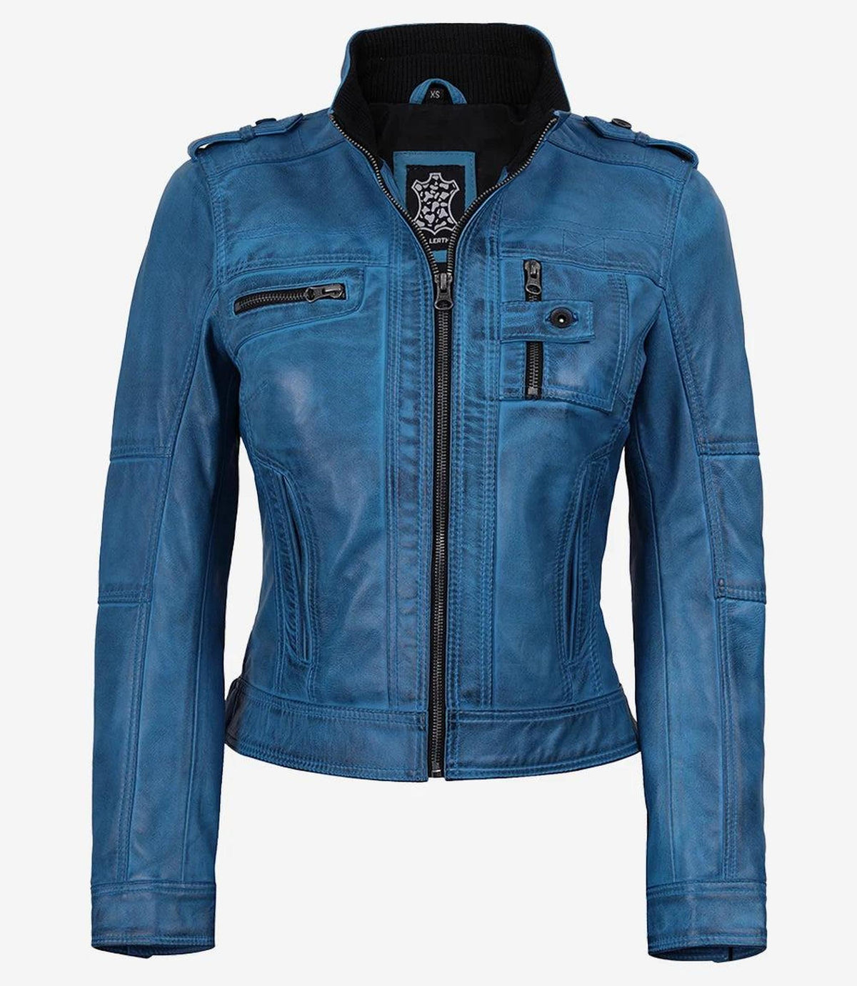 Blue Waxed Lambskin Leather Jacket for Women-Leather Jackets-Glompi-Glompi