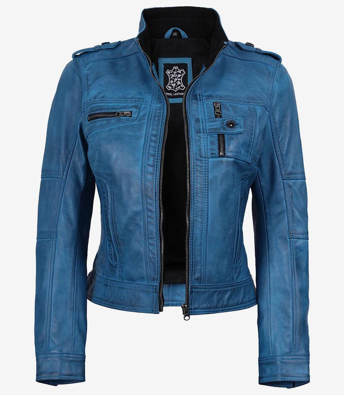 Blue Waxed Lambskin Leather Jacket for Women-Leather Jackets-Glompi-Glompi