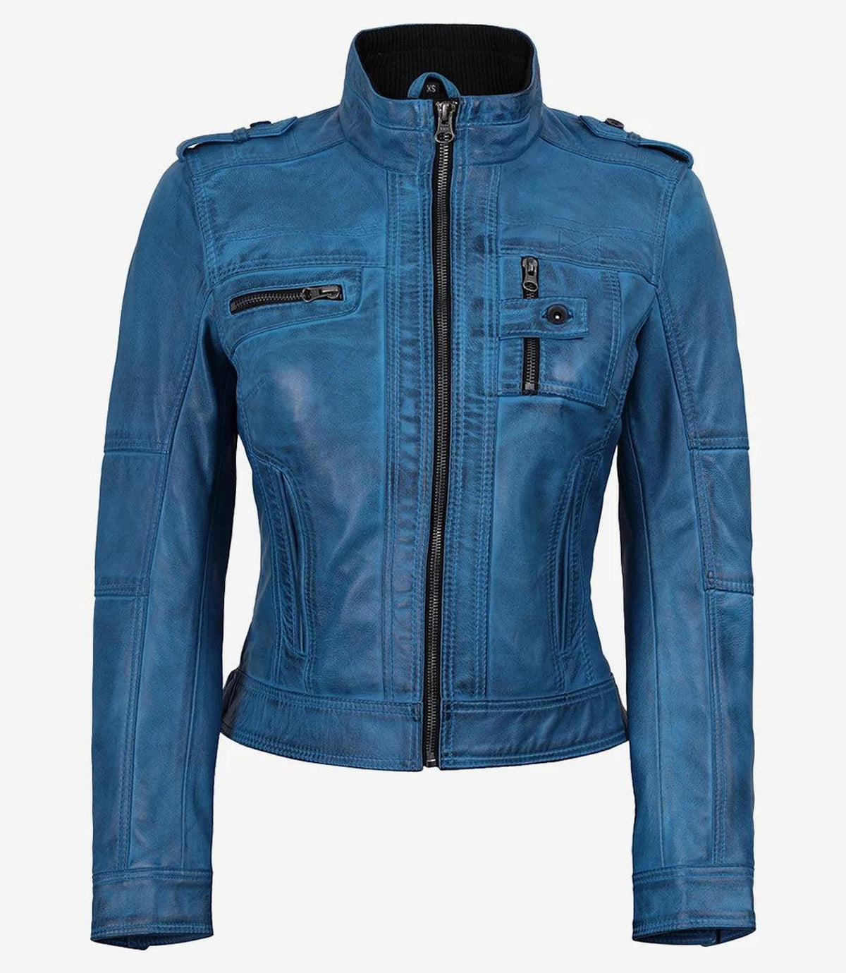 Blue Waxed Lambskin Leather Jacket for Women-Leather Jackets-Glompi-Glompi