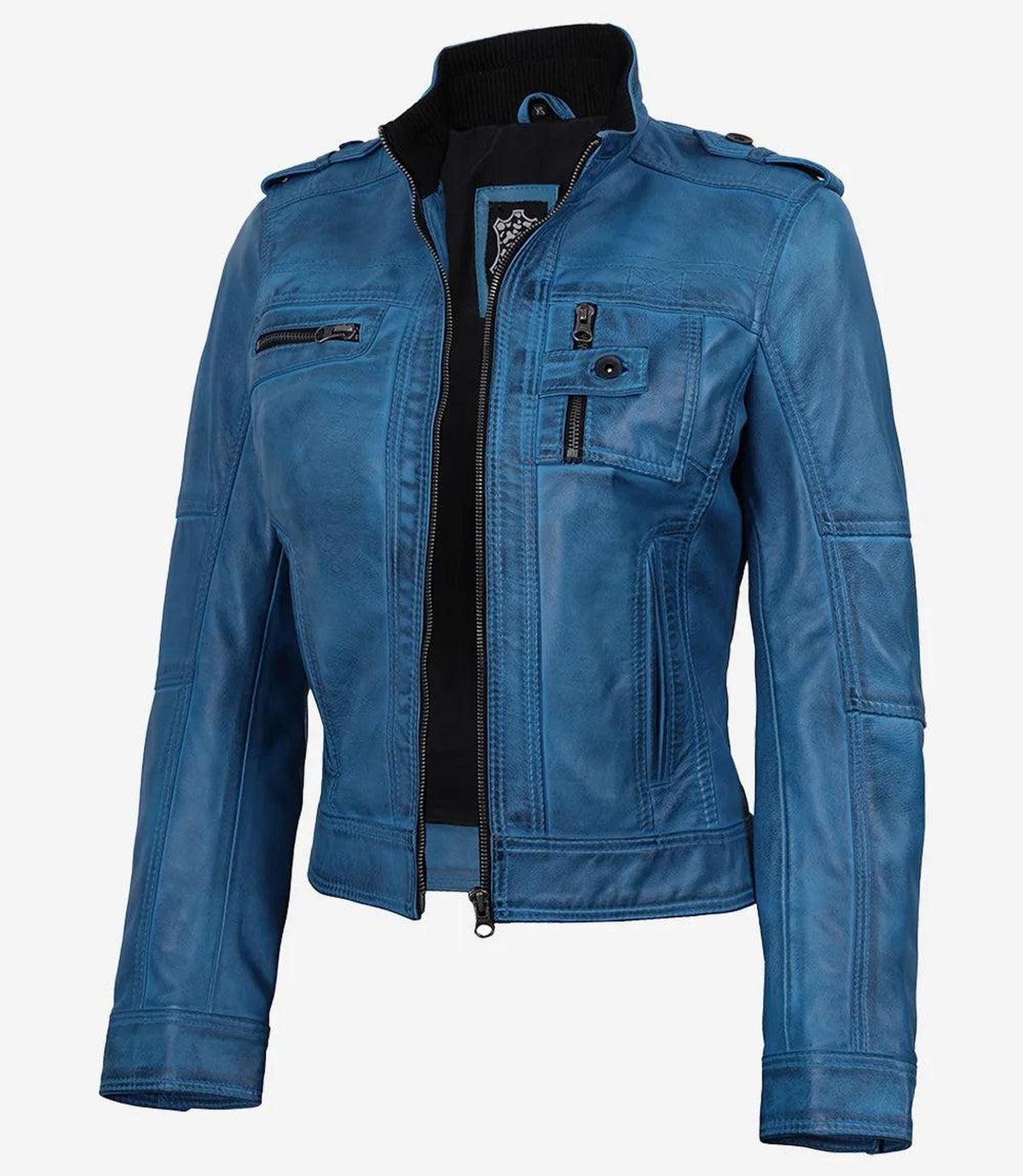 Blue Waxed Lambskin Leather Jacket for Women-Leather Jackets-Glompi-XS-Glompi