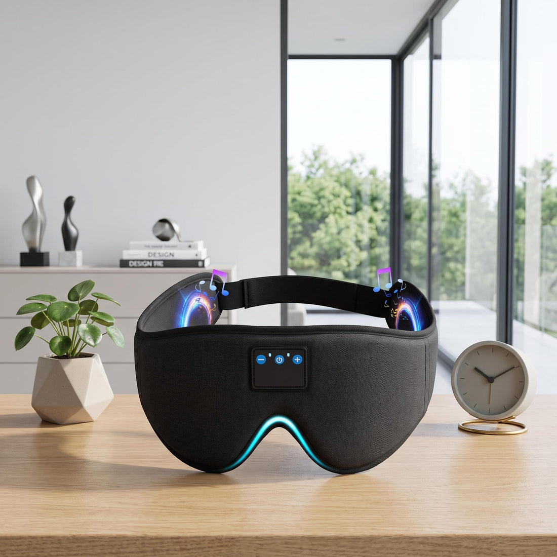 Black 3D contoured Bluetooth sleep mask with soft memory foam, shown on a bed with a woman wearing one for restful sleep.