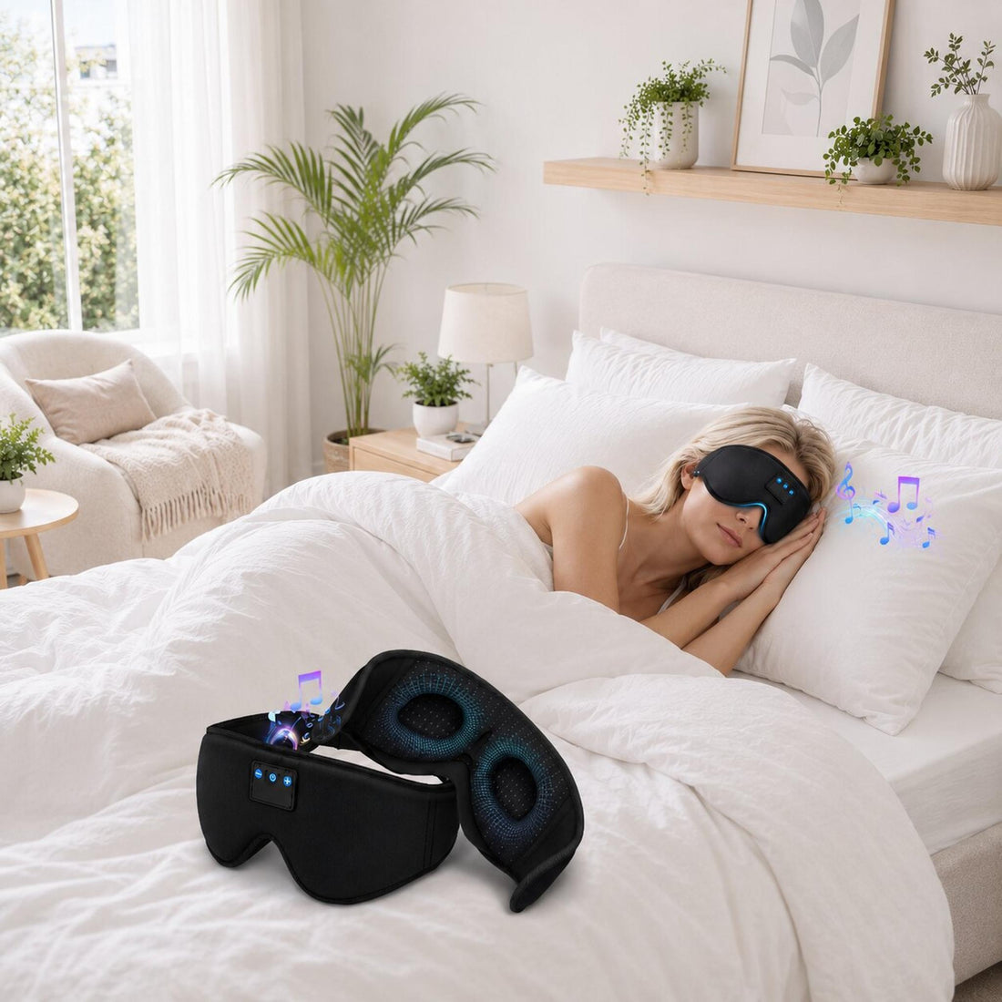 Black 3D contoured Bluetooth sleep mask with soft memory foam, shown on a bed with a woman wearing one for restful sleep.