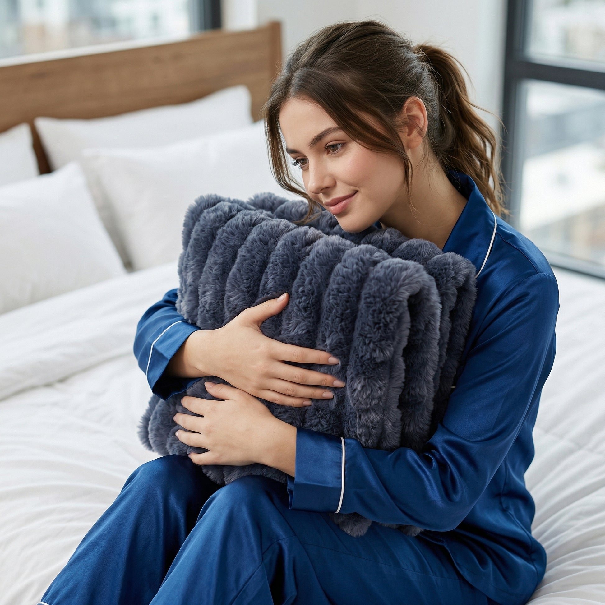 Woman in blue pajamas hugging a soft, textured dark gray faux fur throw blanket on a white bed.