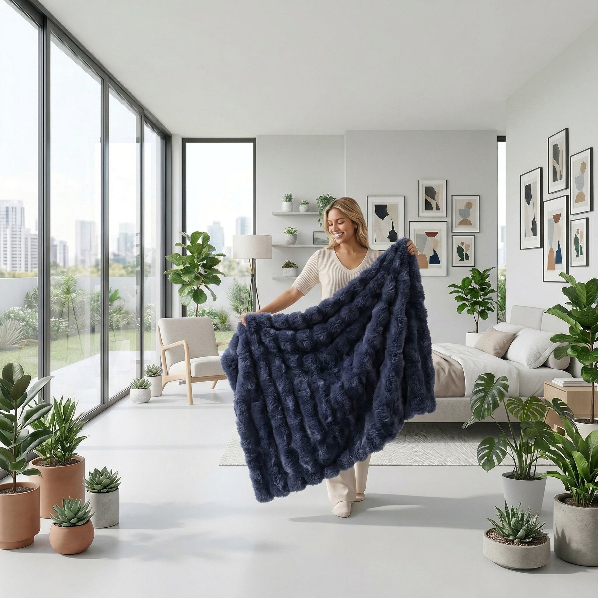 Smiling woman holding a plush navy blue faux fur throw blanket in a bright, modern living space.