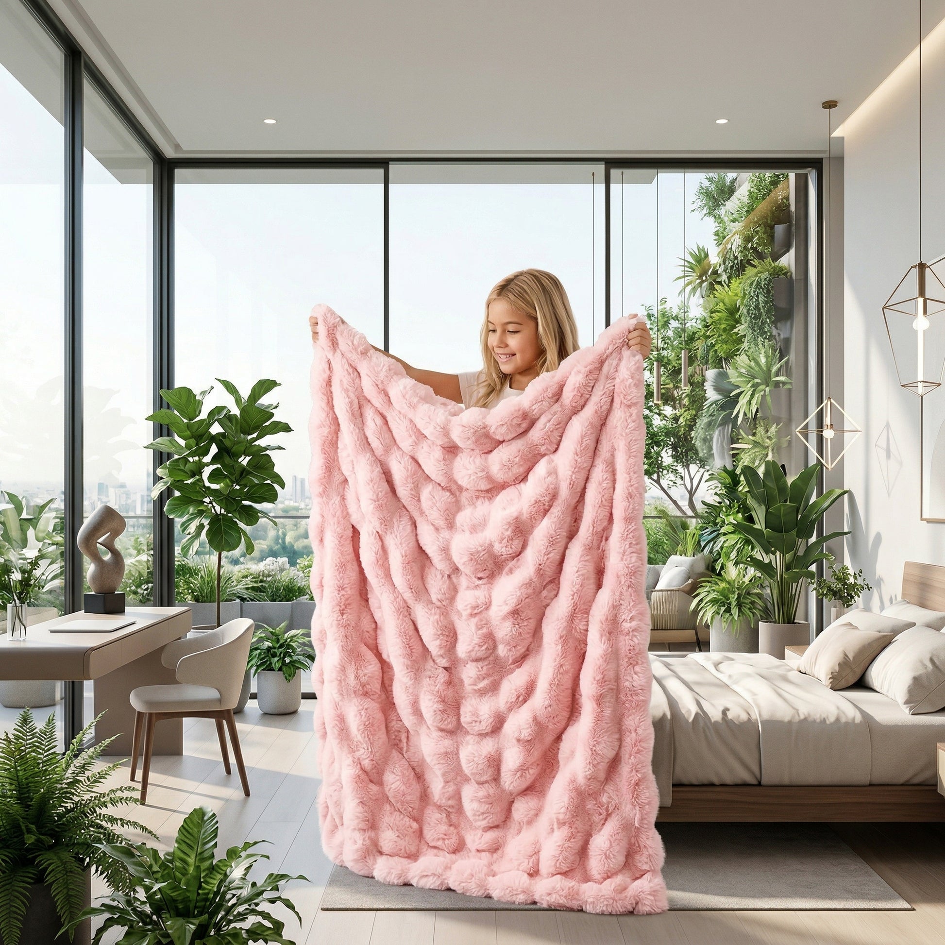 Smiling child holding a blush pink faux fur throw blanket with a wavy knitted texture in a modern bedroom.