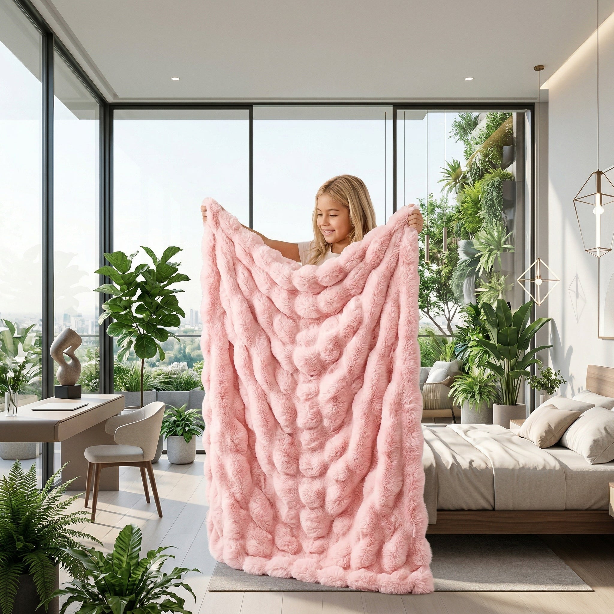 Smiling child holding a blush pink faux fur throw blanket with a wavy knitted texture in a modern bedroom.