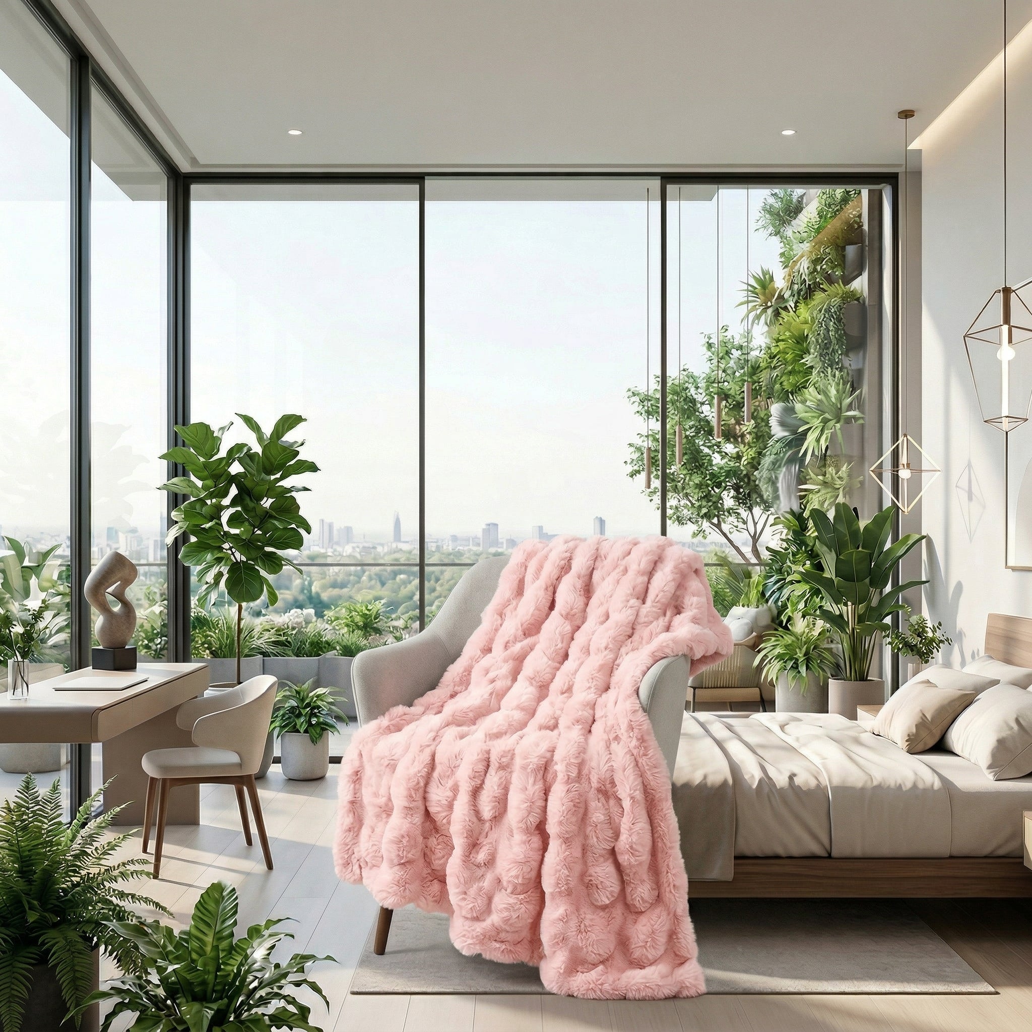 Blush pink faux fur throw blanket draped over a chair in a modern, plant-filled room with a city view.