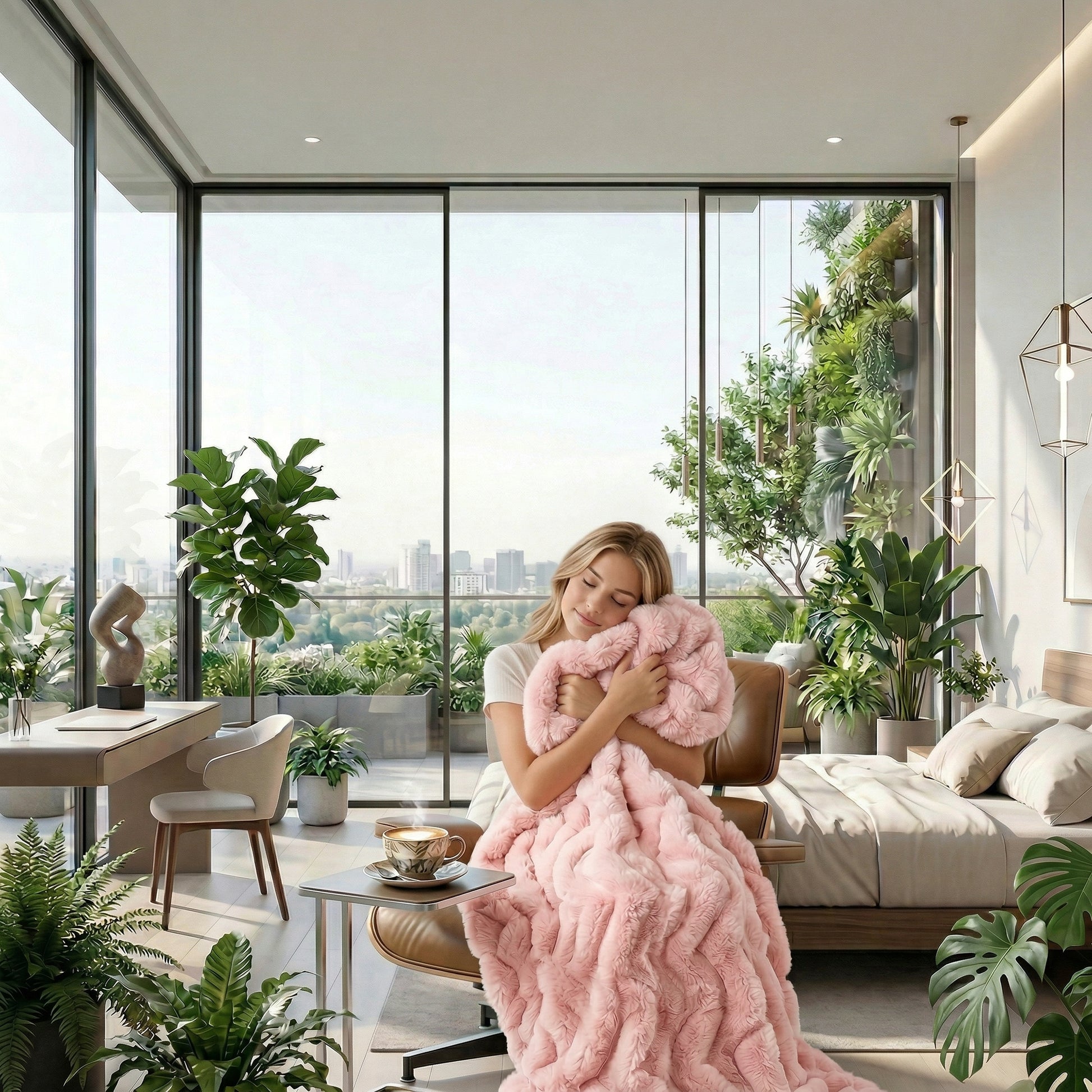 Woman hugging a soft blush pink faux fur throw blanket in a modern, plant-filled bedroom.