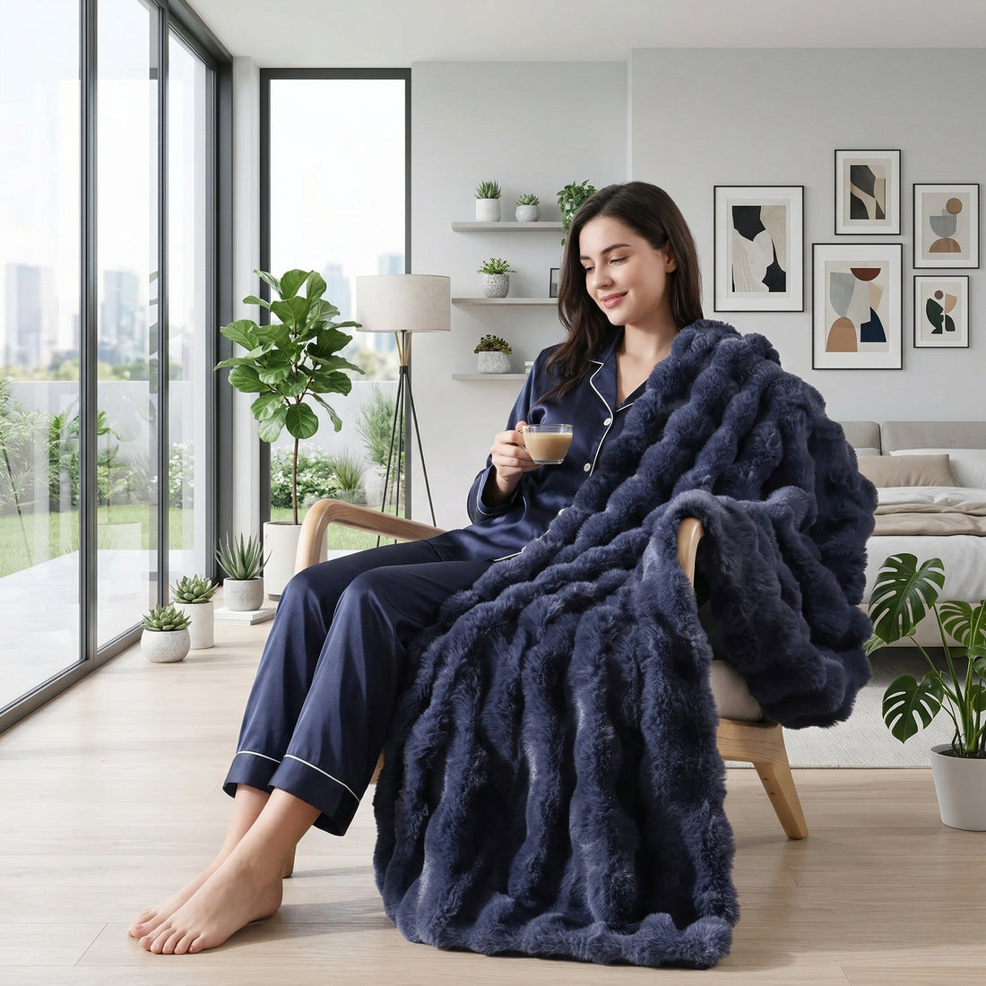 Woman in pajamas relaxing with a dark blue faux fur throw blanket and a cup of coffee.