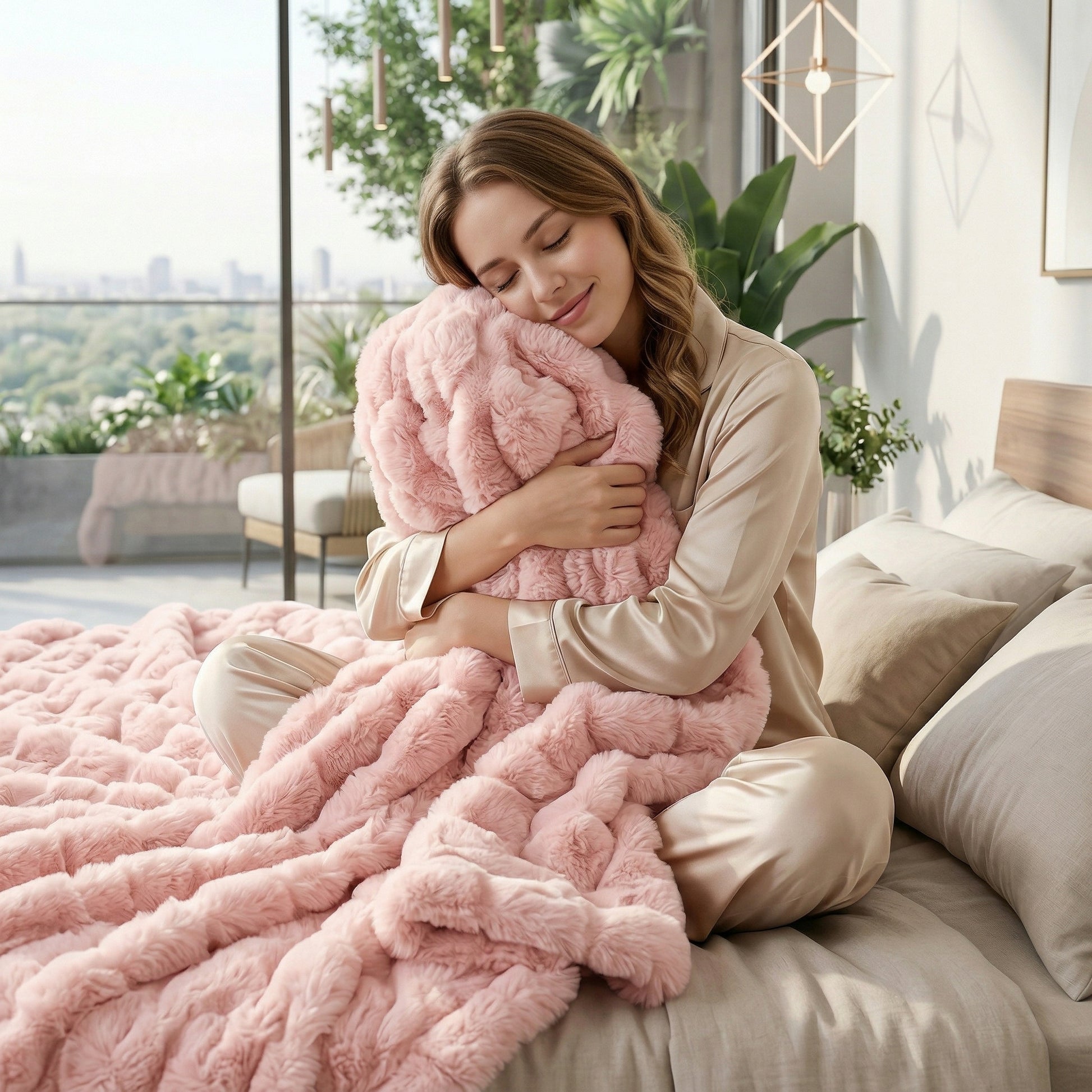 Woman in pajamas hugging a soft blush pink faux fur throw blanket on a bed.