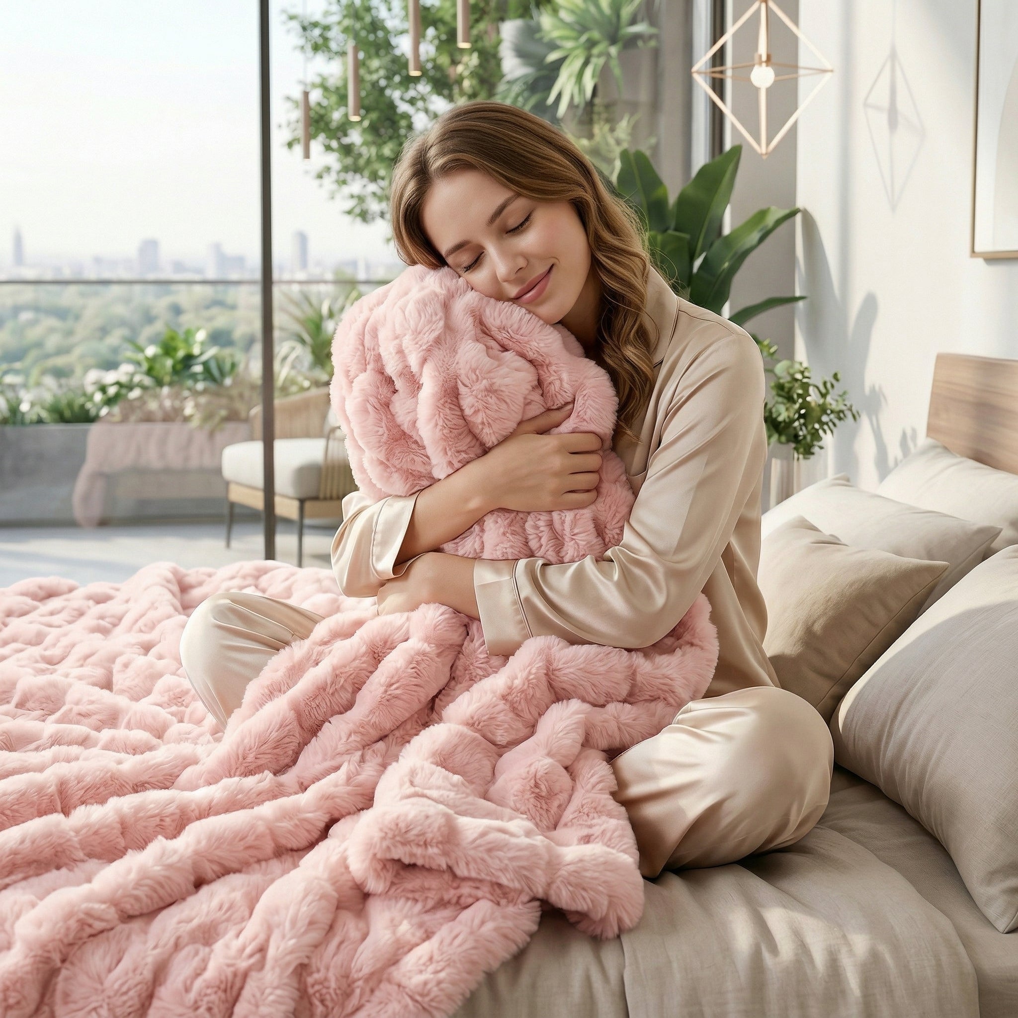Woman in pajamas hugging a soft blush pink faux fur throw blanket on a bed.
