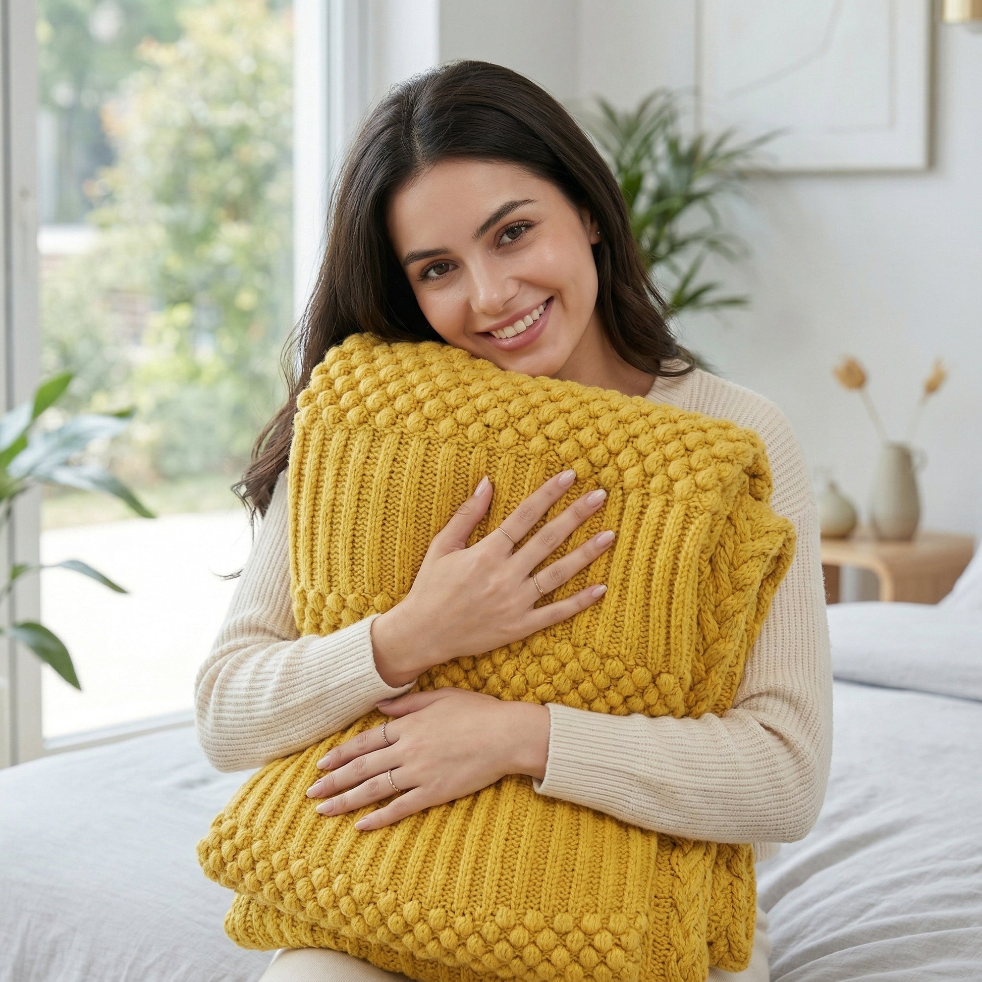 Smiling woman hugging a soft, mustard yellow knitted bohemian blanket with bobble texture.