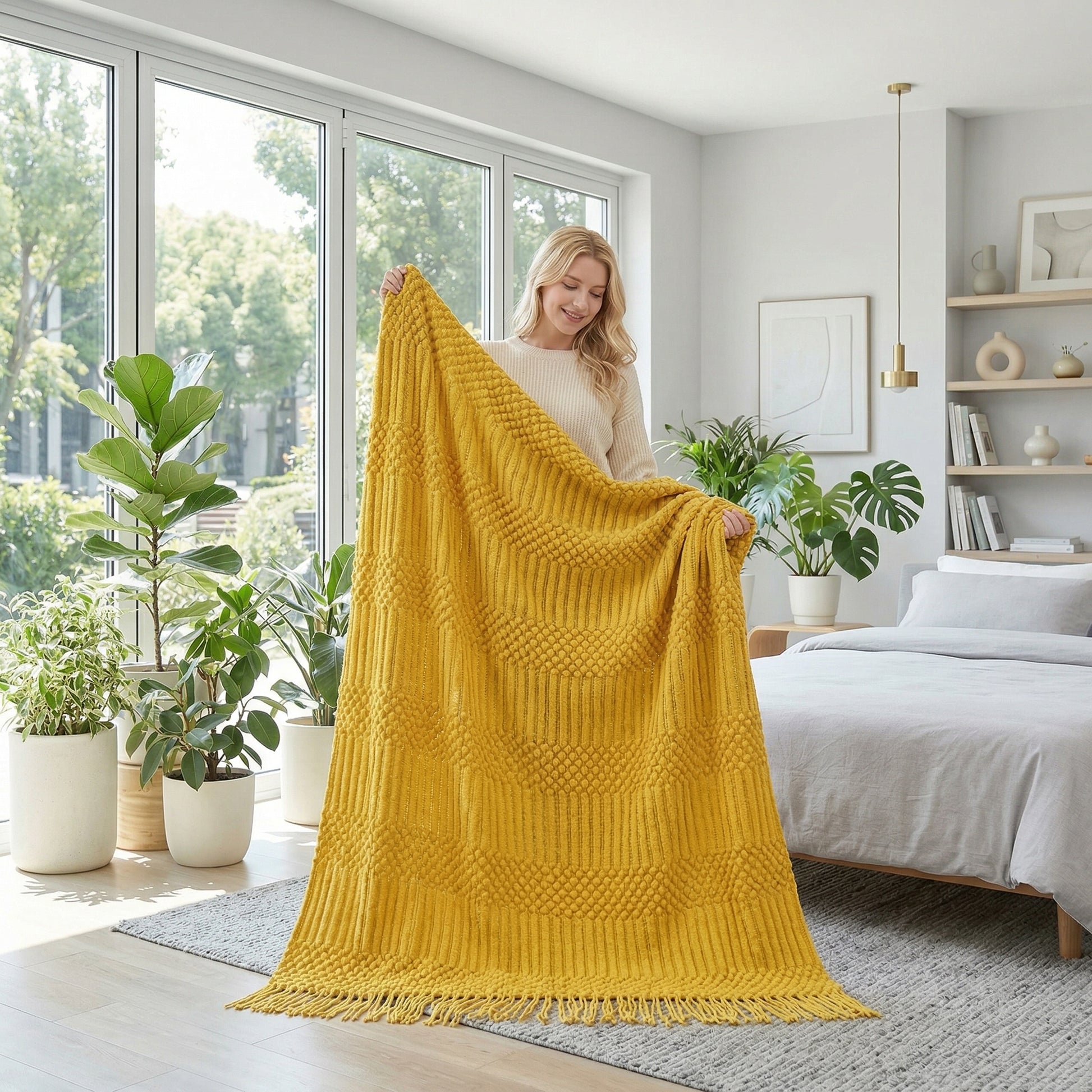 Smiling woman holding a mustard yellow bohemian woven blanket with tassel edges in a bright bedroom.