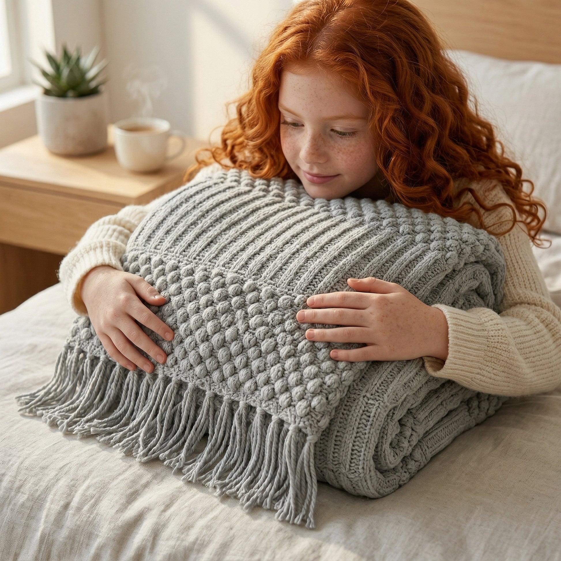 Red-haired girl hugging a soft, gray knitted acrylic blanket with textured bobbles and fringe tassels.