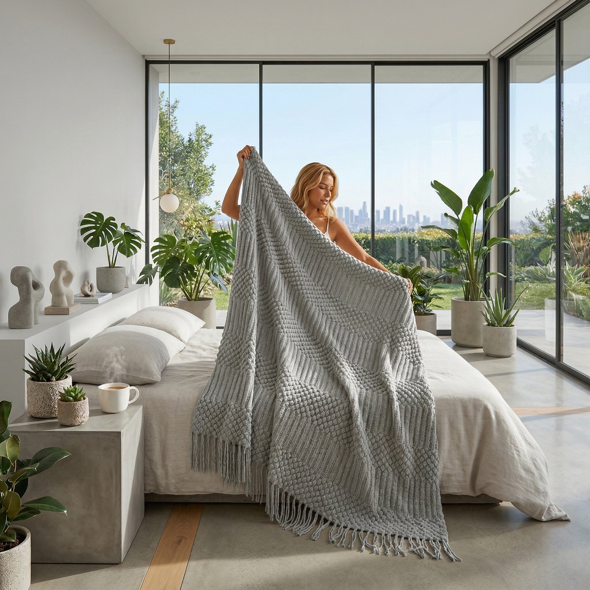 Woman holding a gray knitted Bohemian woven blanket with tassel edges in a bright bedroom.