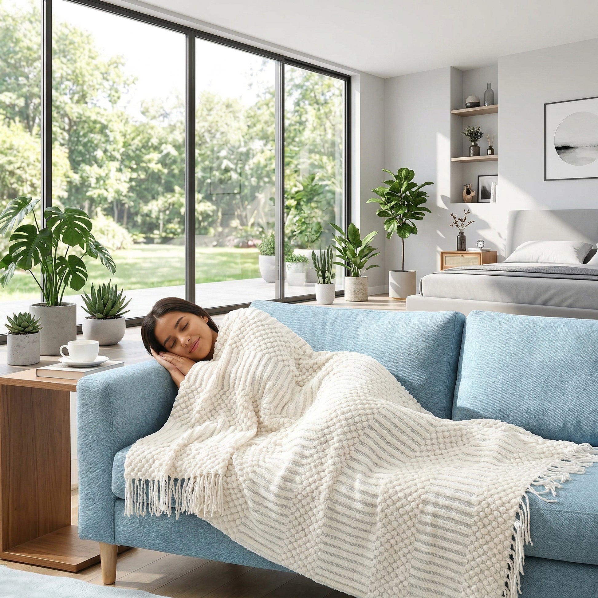 Woman sleeping under a cream bohemian woven blanket with tassel edges on a blue sofa.