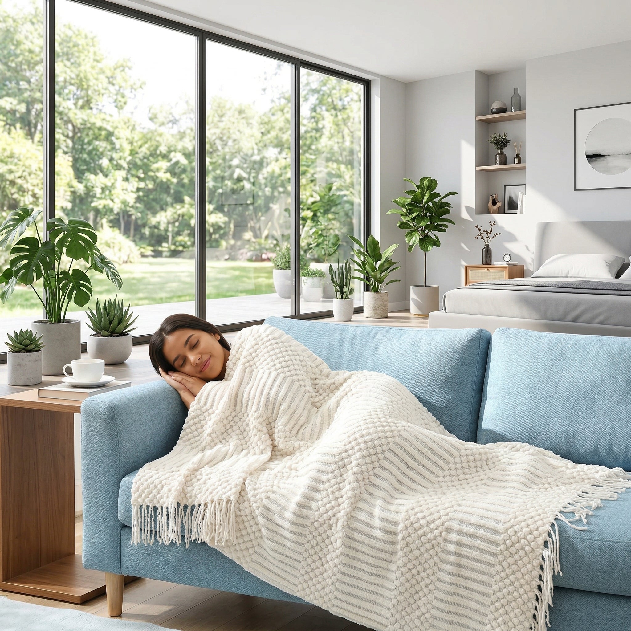 Woman sleeping under a cream bohemian woven blanket with tassel edges on a blue sofa.