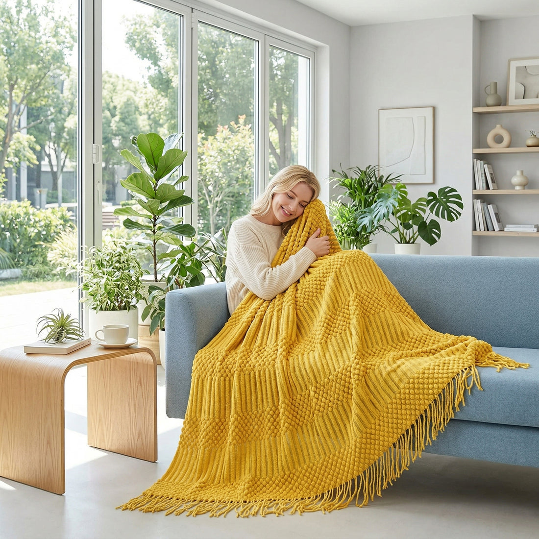 Smiling woman wrapped in a cozy yellow bohemian woven blanket with tassel edges on a blue sofa.