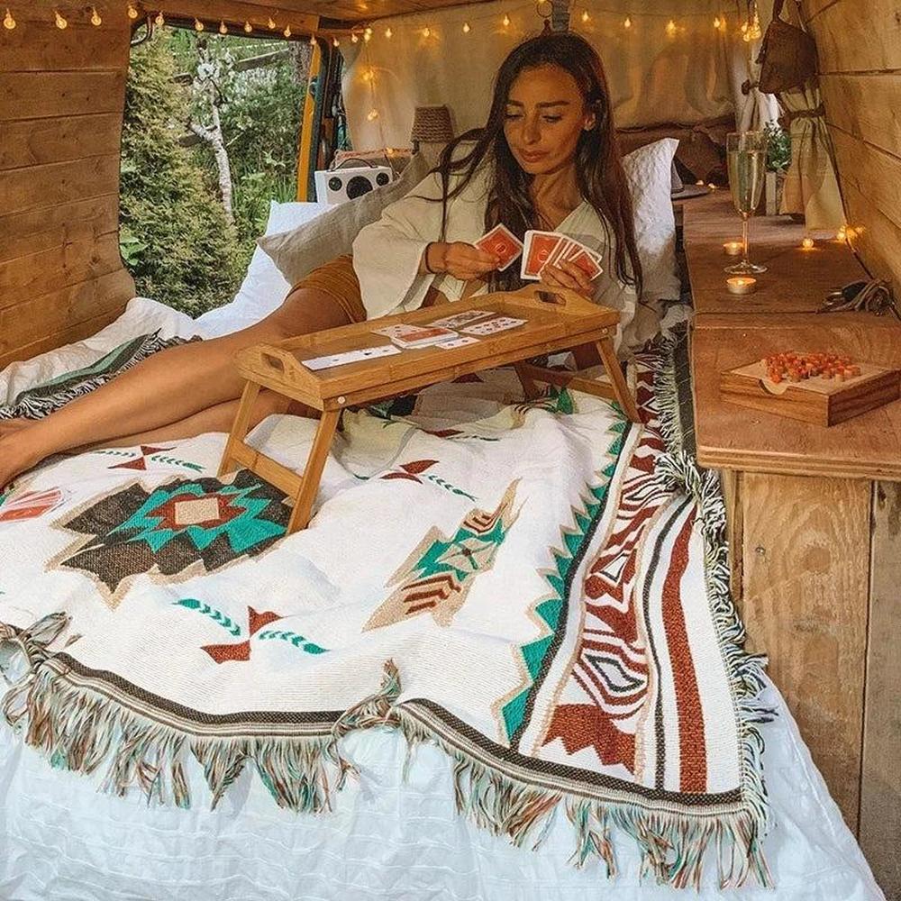 Boho Chic Camping Blanket - Cotton Linen Travel Rug with Tassels