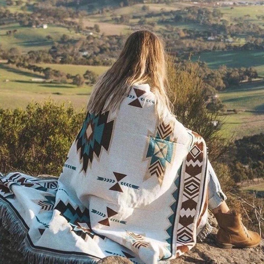 Boho Chic Camping Blanket - Cotton Linen Travel Rug with Tassels