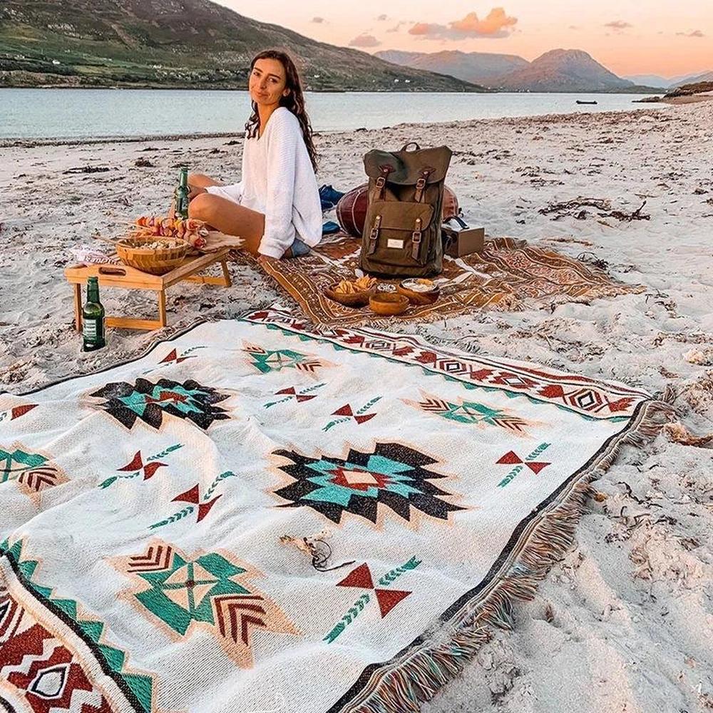 Boho Chic Camping Blanket - Cotton Linen Travel Rug with Tassels
