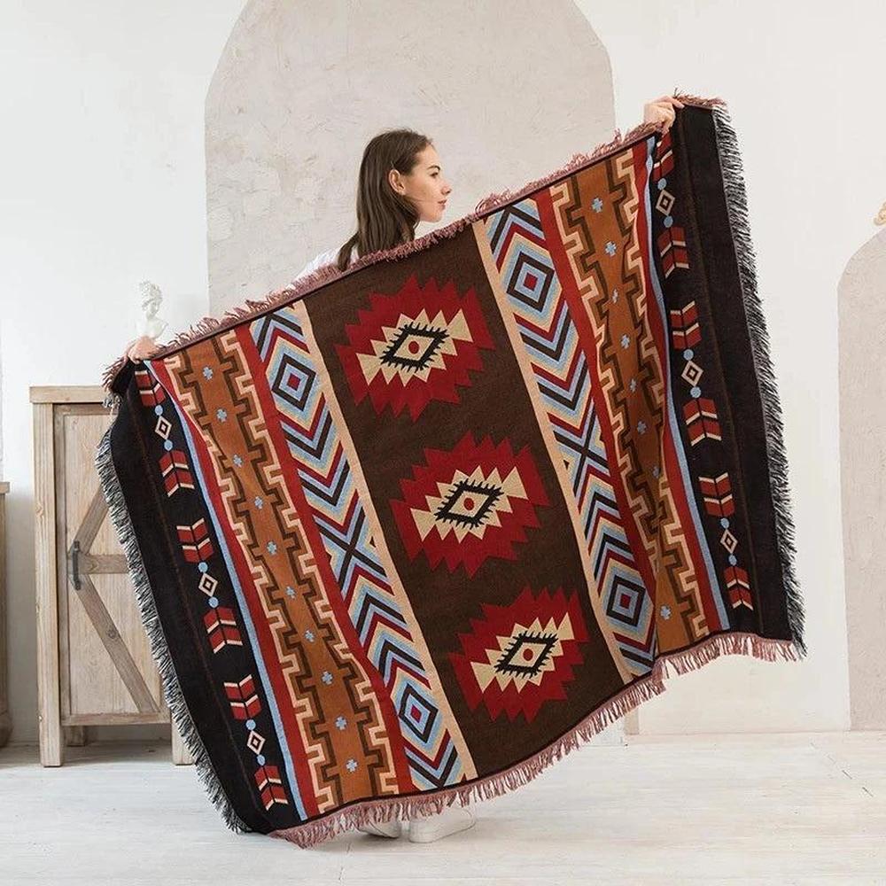 Boho Chic Camping Blanket - Cotton Linen Travel Rug with Tassels