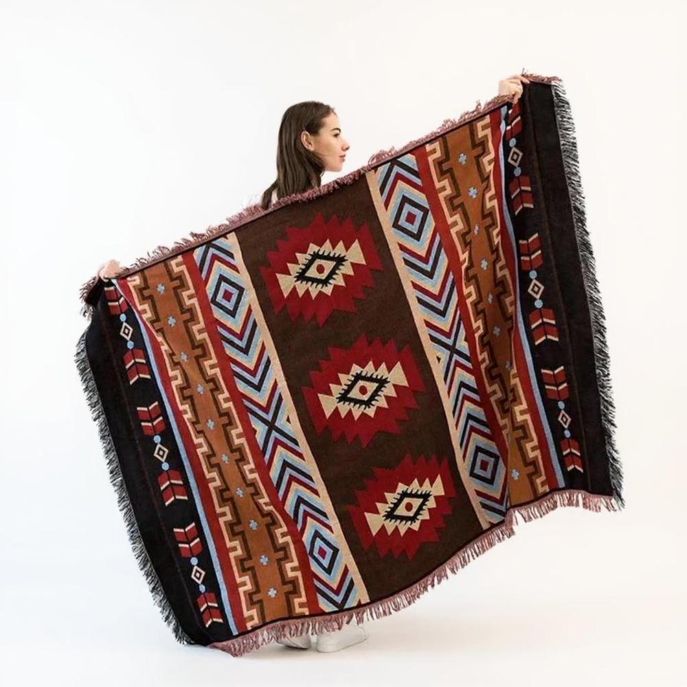 Boho Chic Camping Blanket - Cotton Linen Travel Rug with Tassels