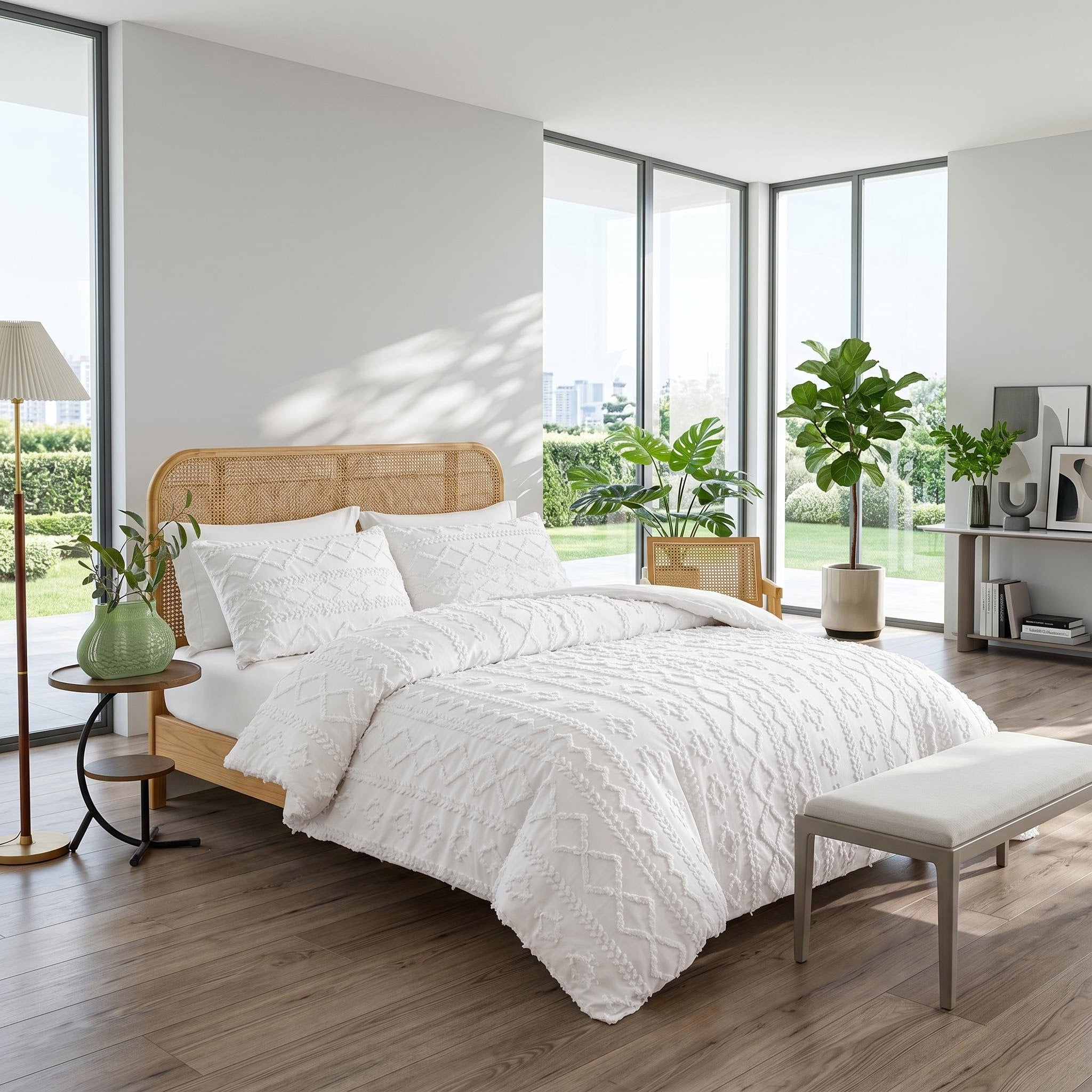 White queen size boho comforter set with soft tufted texture on a wooden bed in a bright bedroom.
