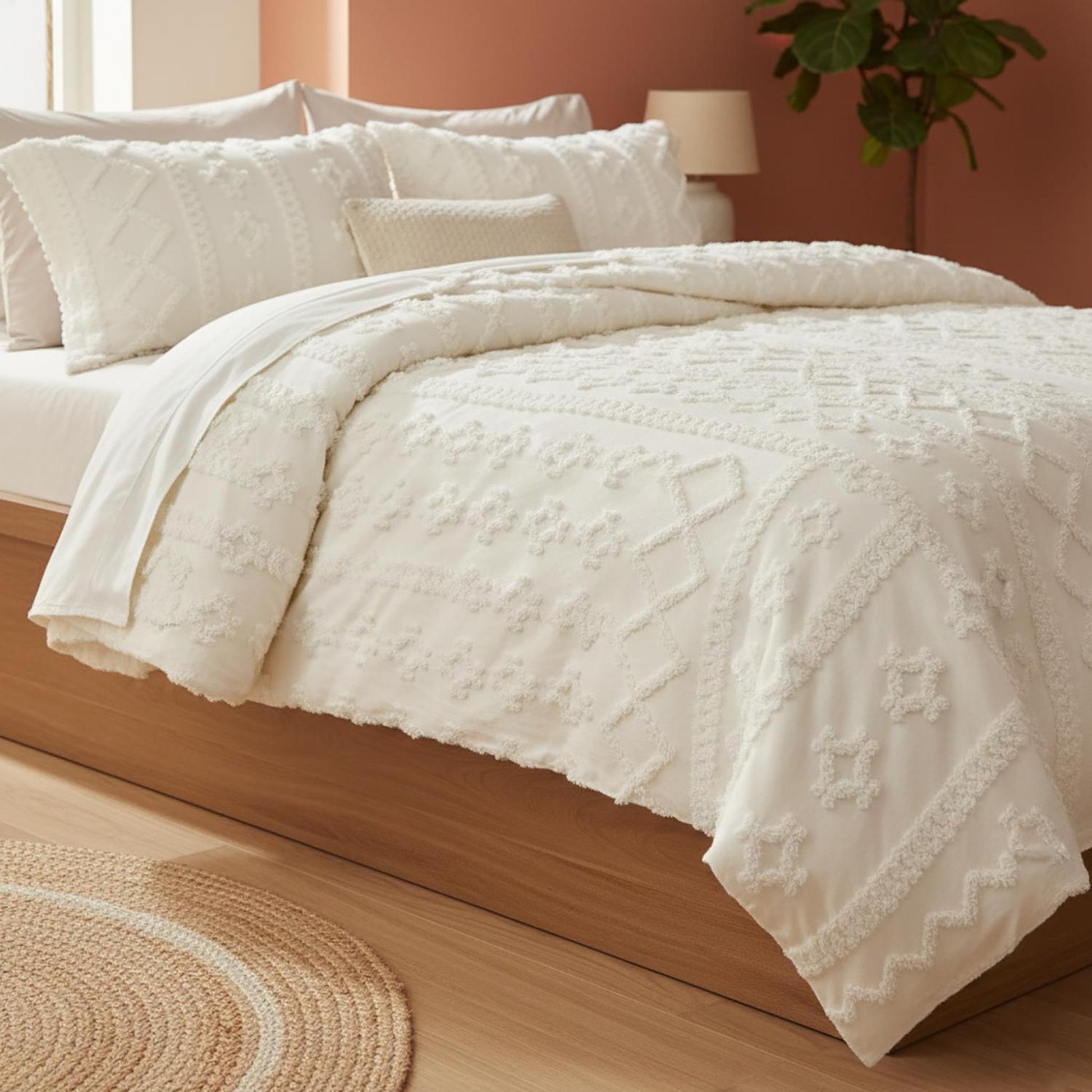 Queen size white boho tufted comforter set with decorative pillows on a wooden bed.