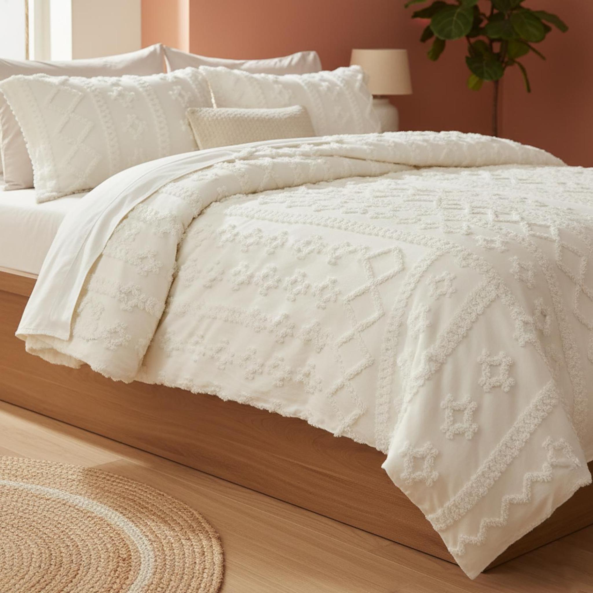 Queen size white boho tufted comforter set with decorative pillows on a wooden bed.