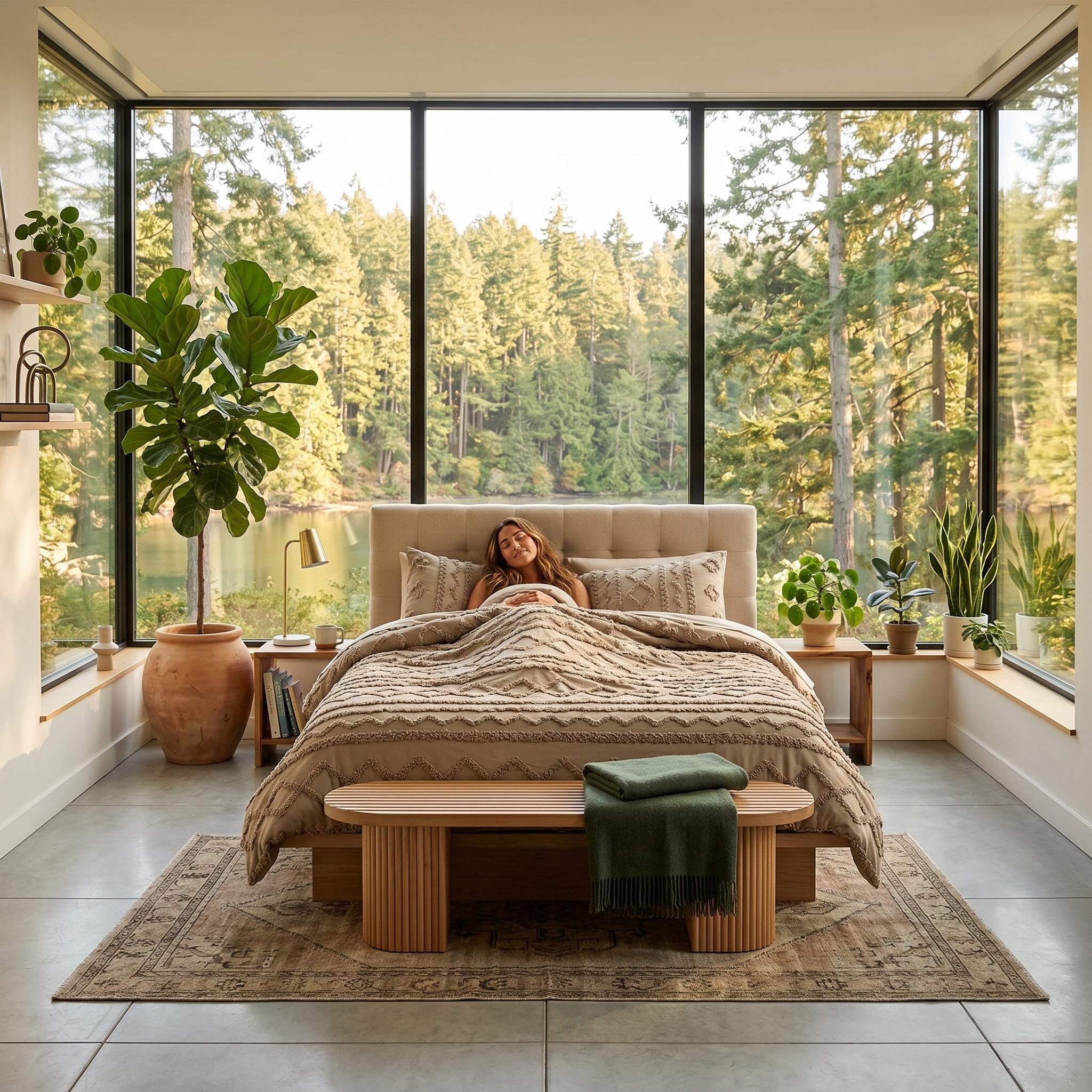 Queen size boho comforter set with soft tufted texture in a natural bedroom with large windows.