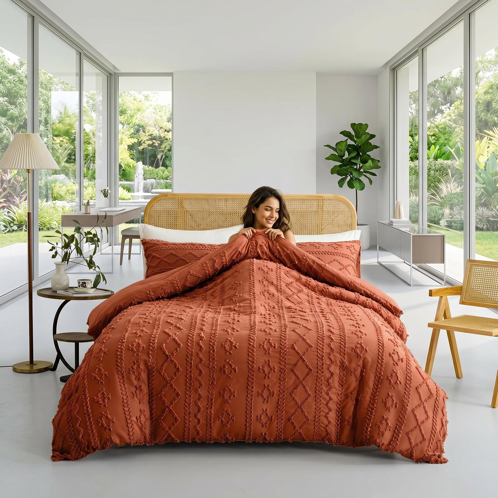 Smiling woman in a modern bedroom with a queen size rust boho tufted comforter set on a rattan bed.