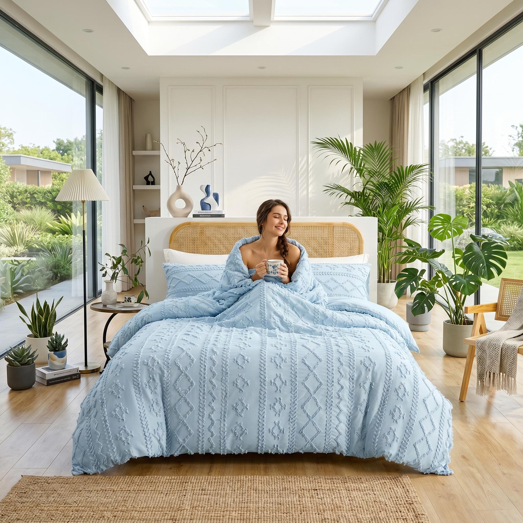 Woman on a bed with a light blue tufted boho queen comforter set, surrounded by plants and natural light.