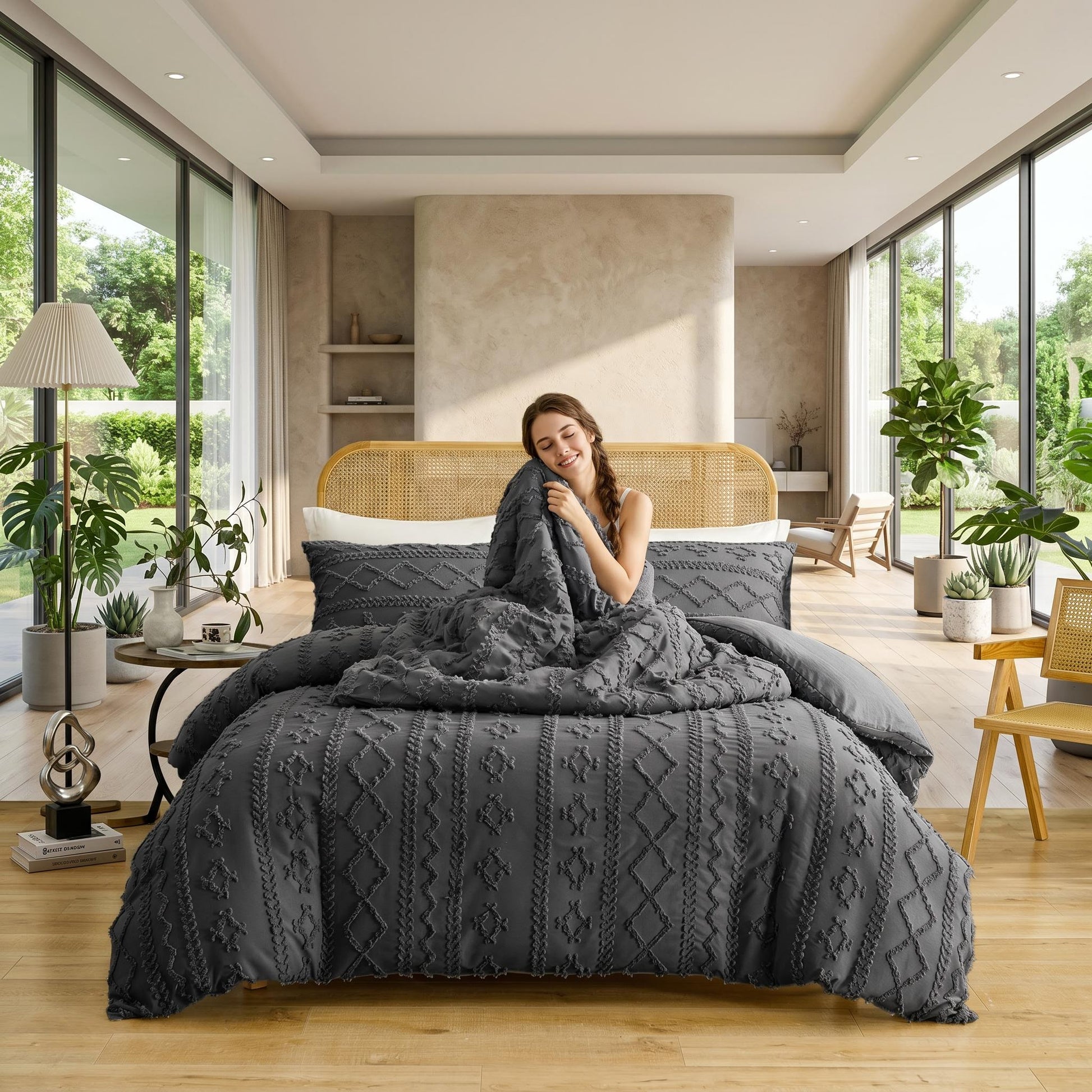 Smiling woman in a modern bedroom with a dark gray queen size boho tufted comforter set.