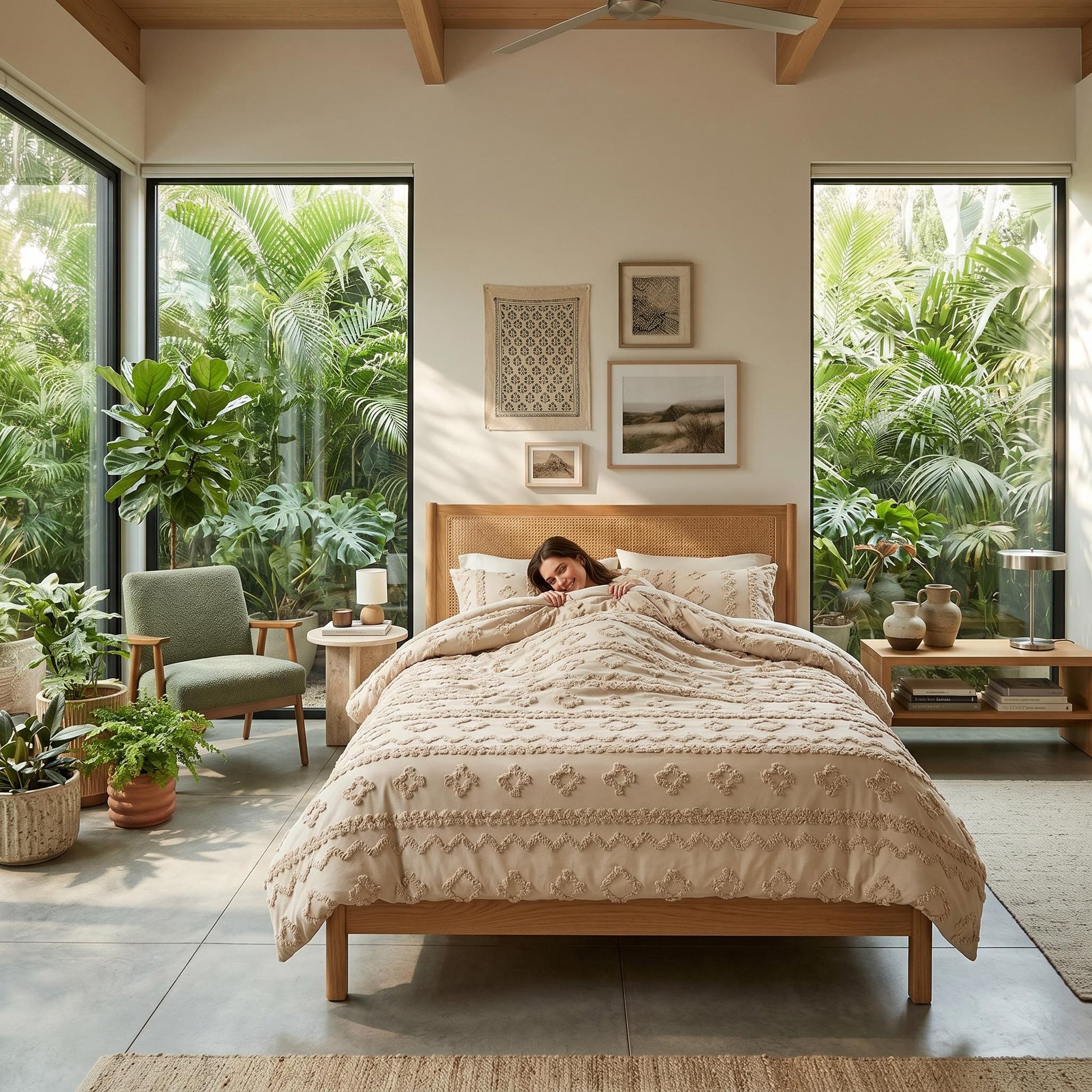 Queen size boho comforter set in soft tufted beige, with a person relaxing in a bright, plant-filled bedroom.