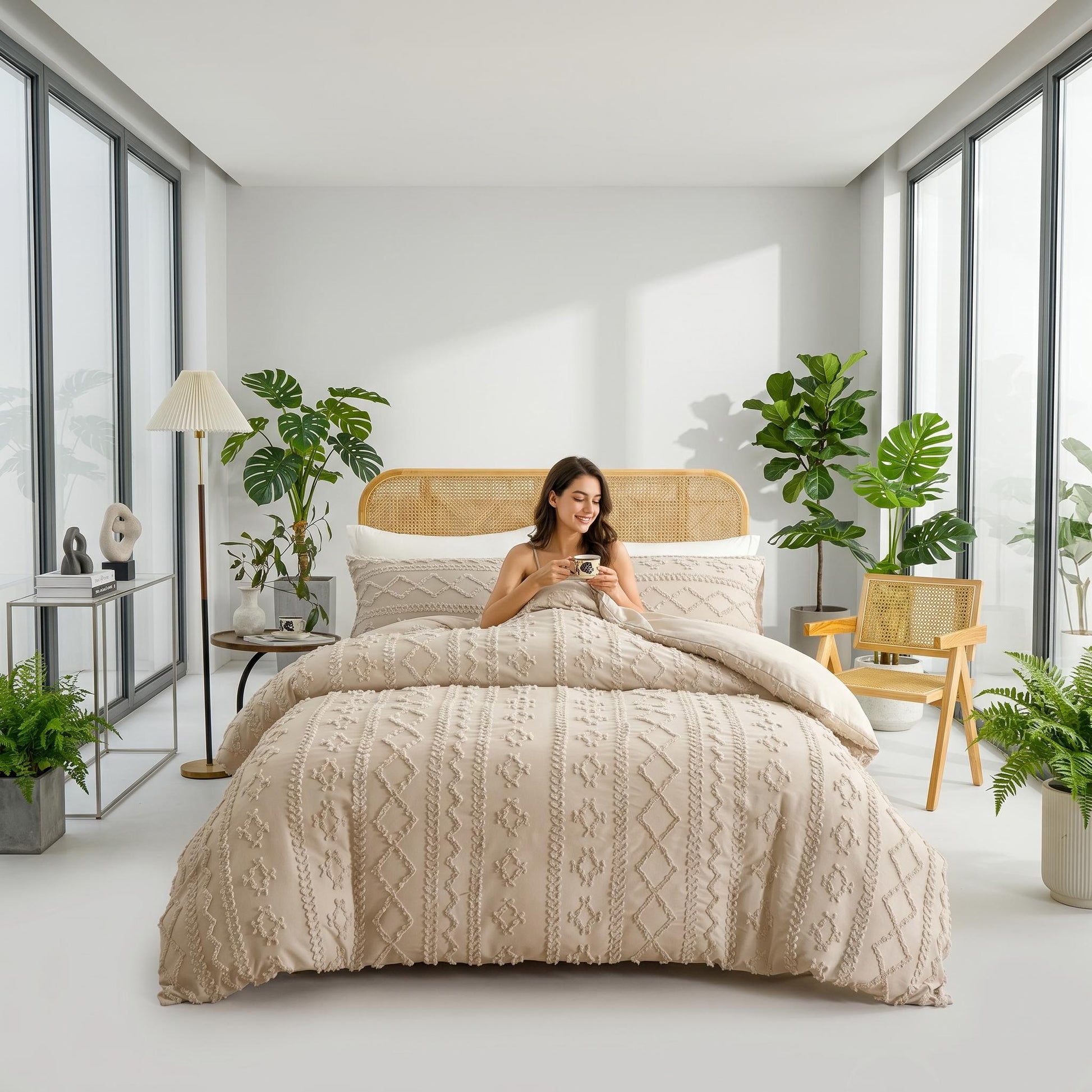 Boho Queen size comforter set in soft tufted beige, with a woman relaxing in bed.
