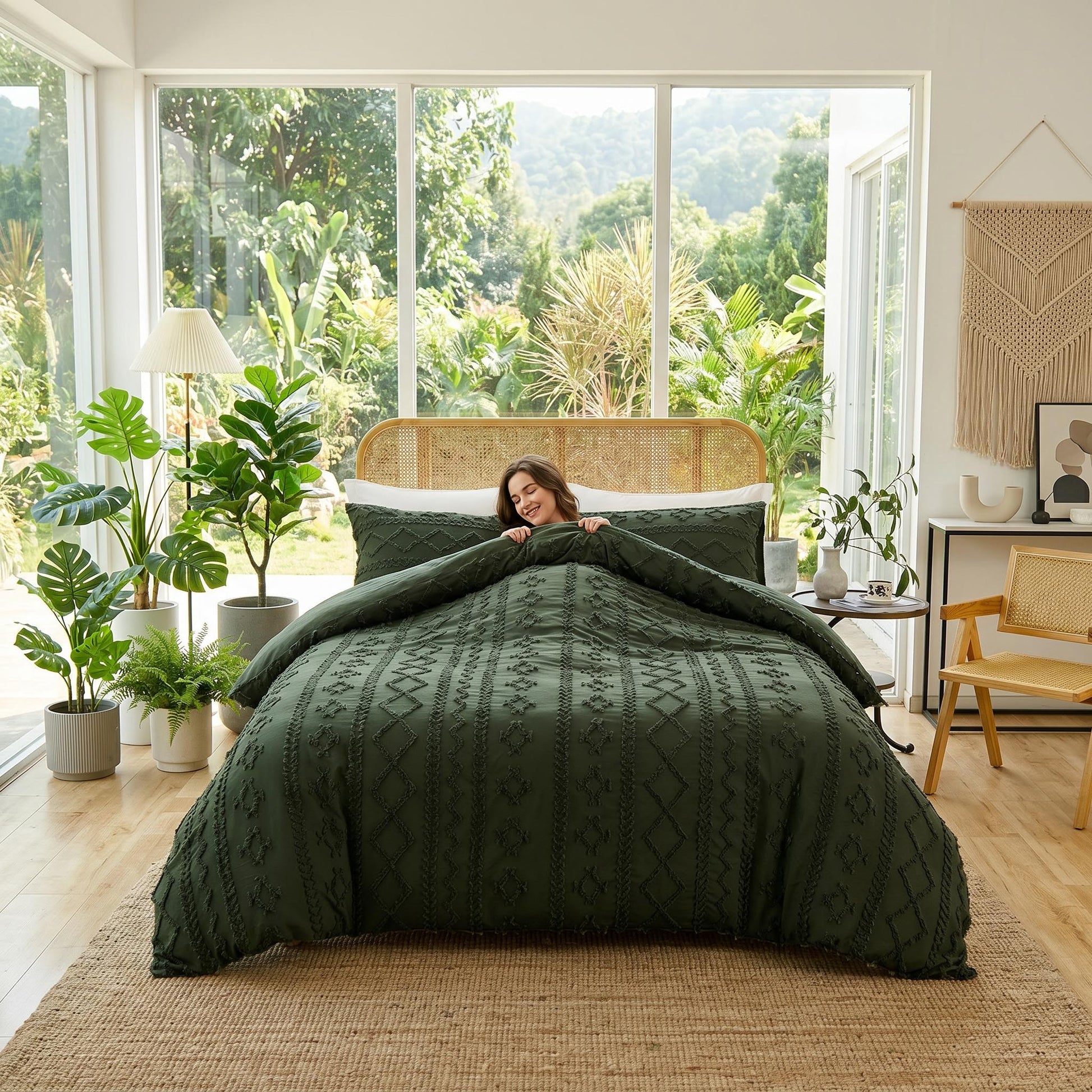 Queen size boho comforter set in dark green with tufted texture, on a bed with a rattan headboard.