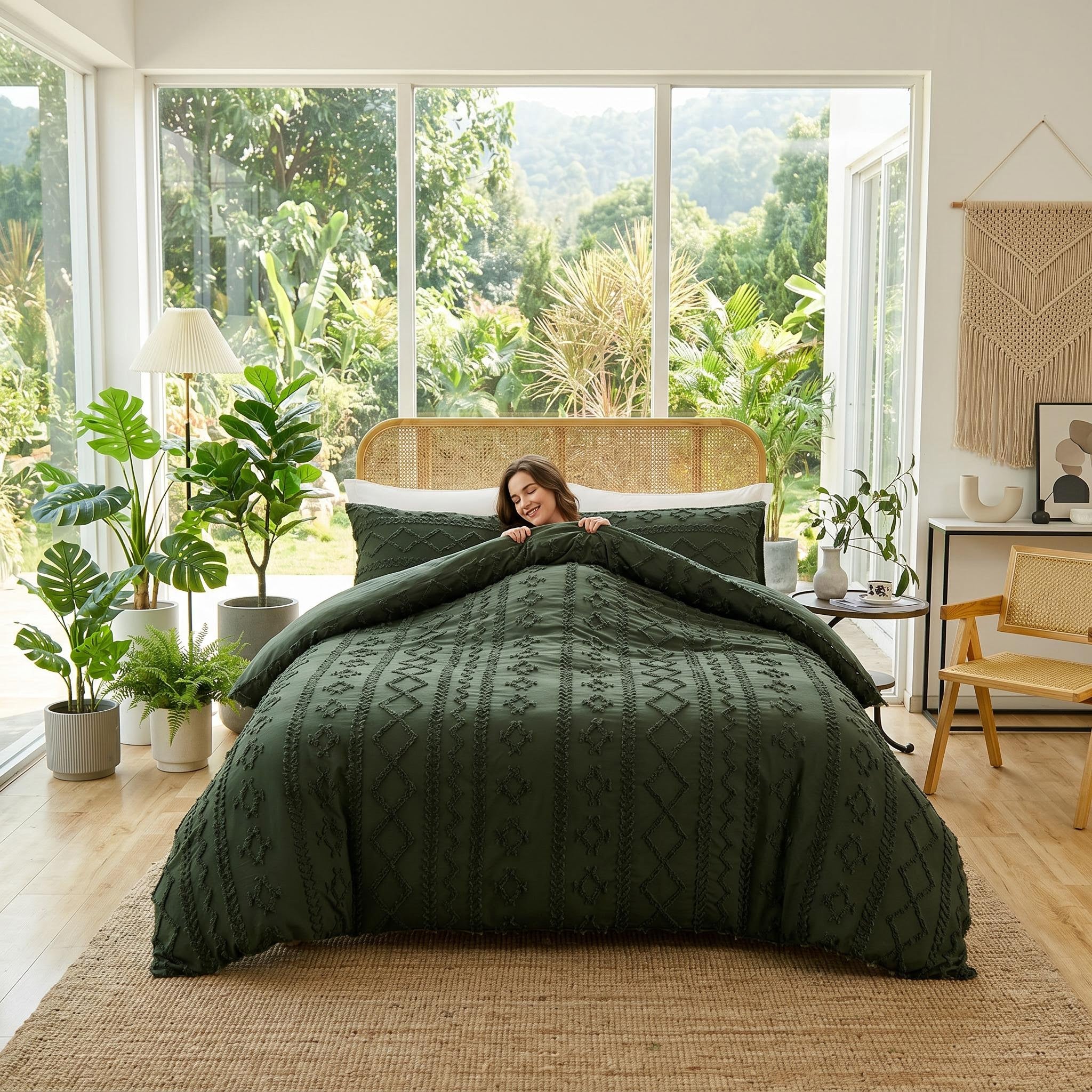 Queen size boho comforter set in dark green with tufted texture, on a bed with a rattan headboard.