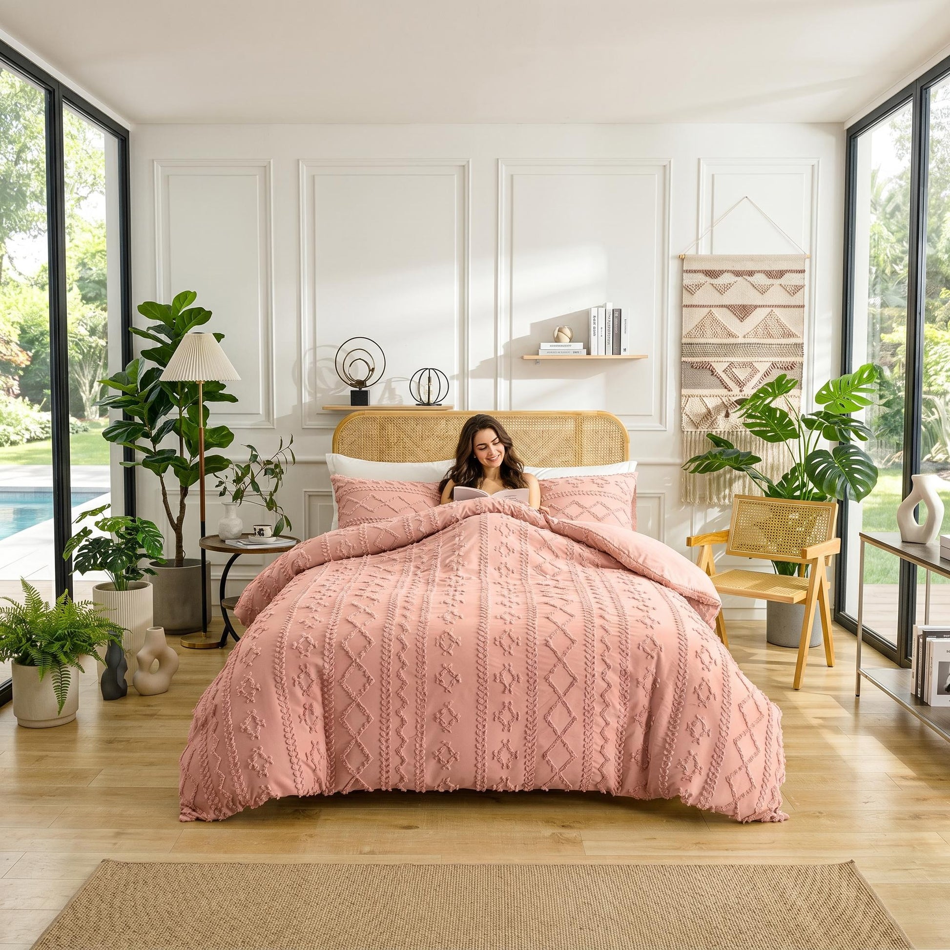 Queen size boho comforter set in soft tufted pink, with a woman relaxing in a bright bedroom.