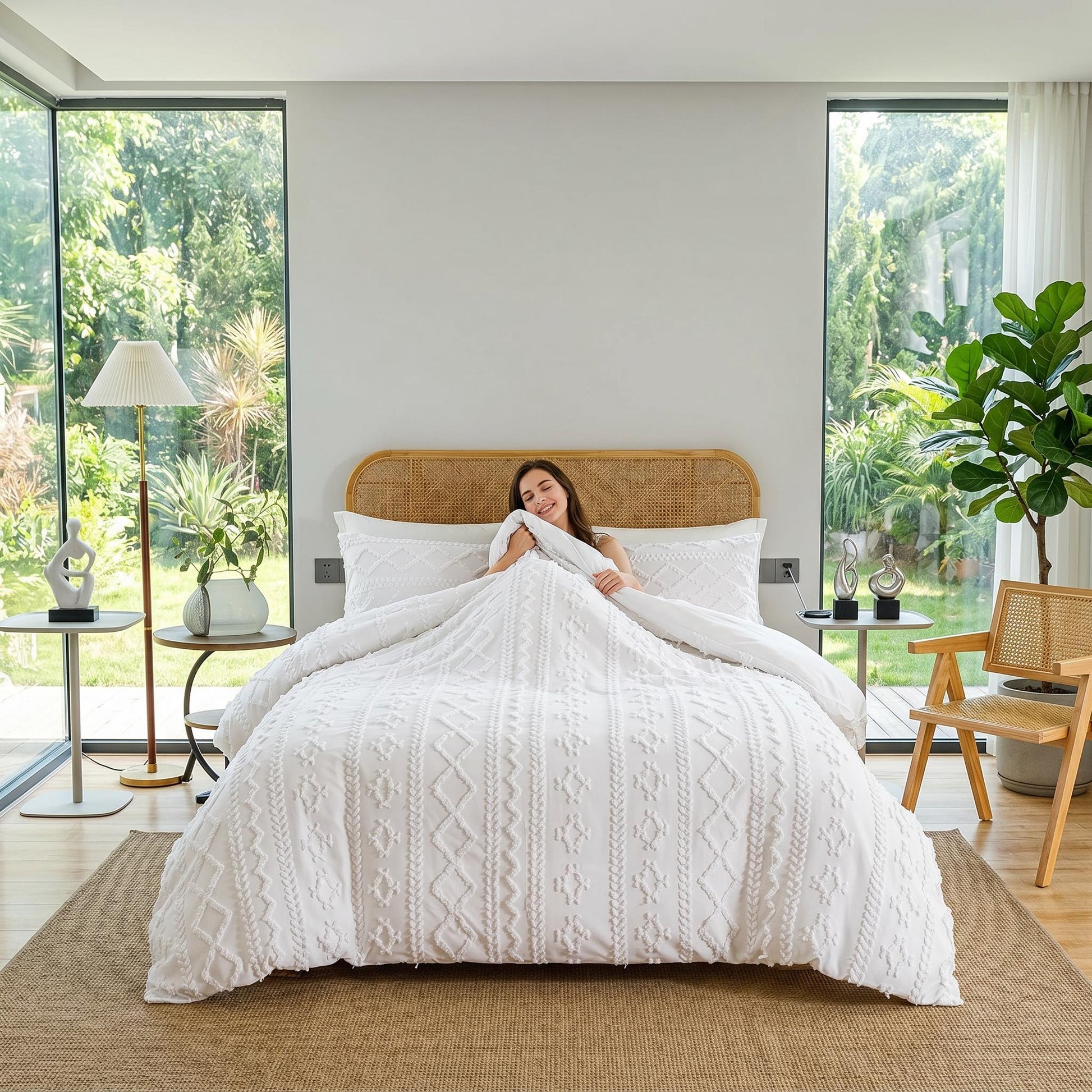 White queen size boho comforter set with soft tufted diamond and stripe patterns on a bed with a rattan headboard.