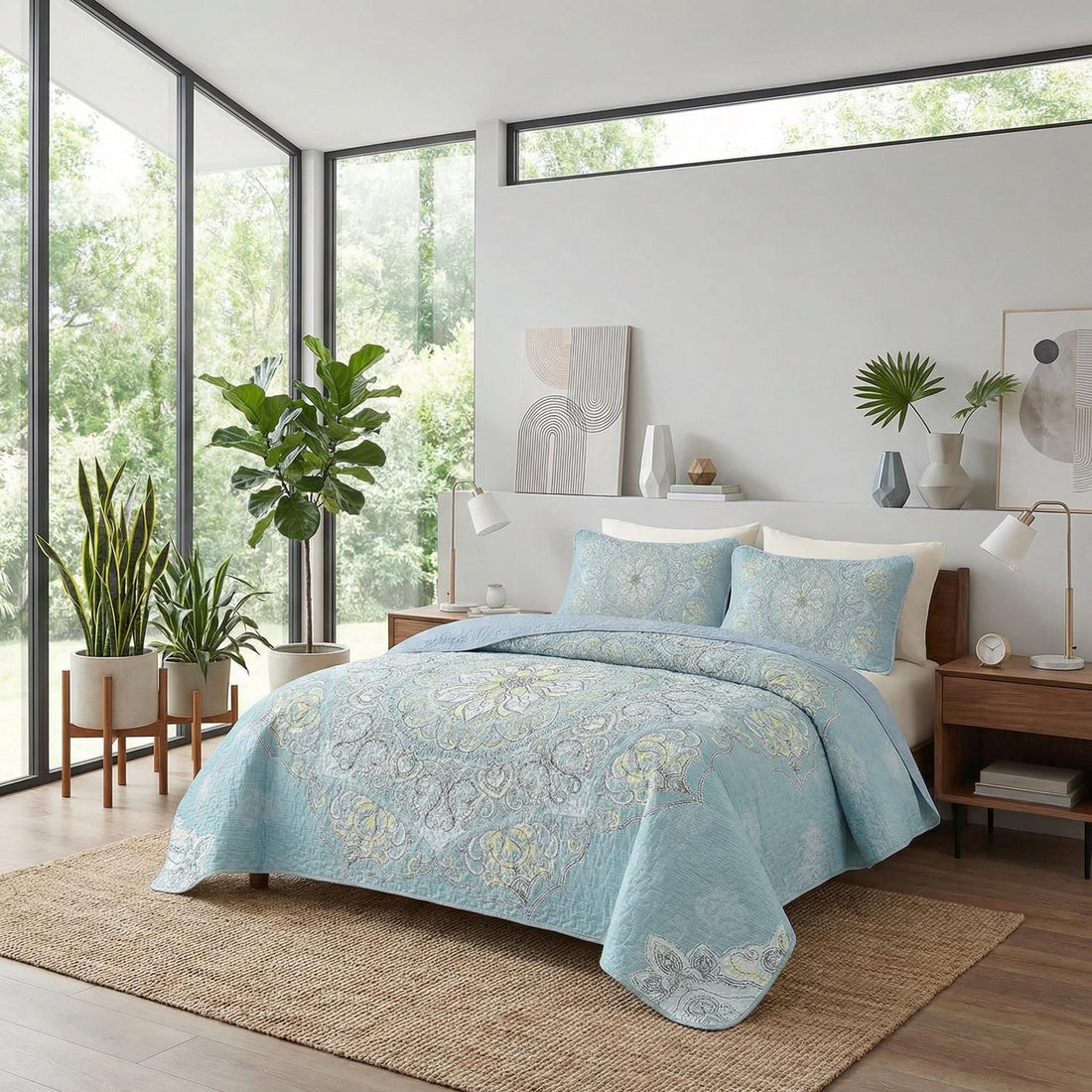 Twin boho mandala printed quilt set in microfiber, featuring intricate patterns for stylish bedroom decor.