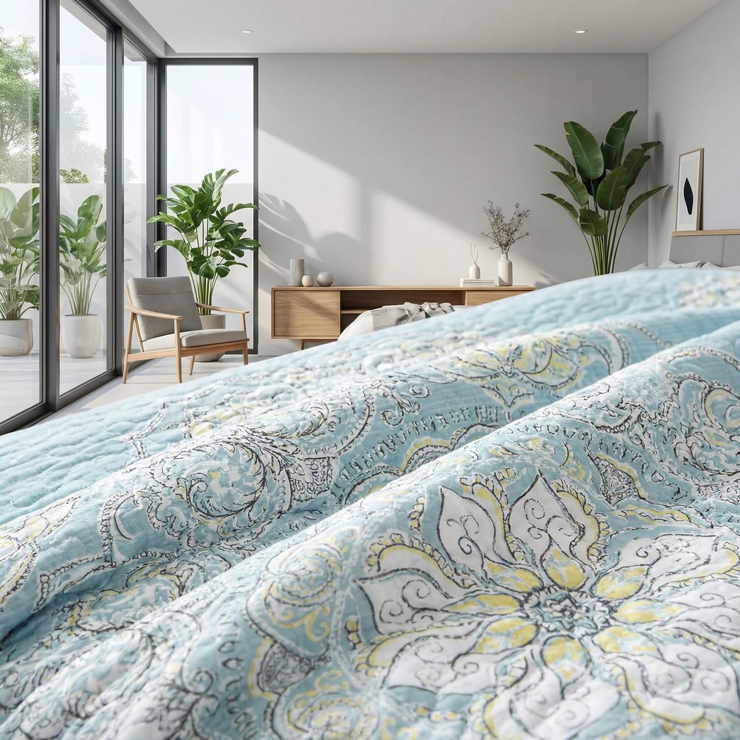 Boho Mandala Printed Quilt Set in vibrant colors, featuring intricate patterns and soft microfiber.