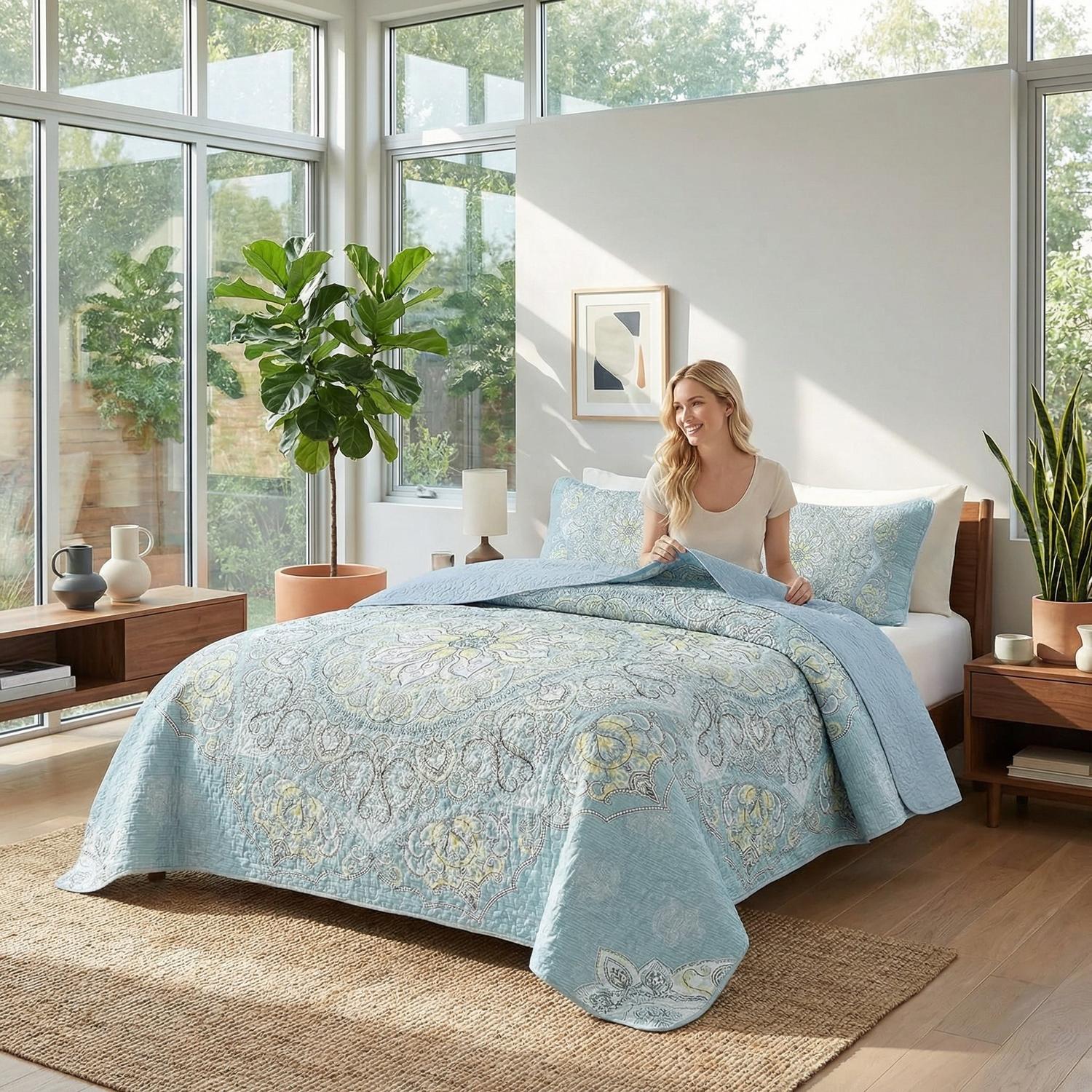 Boho Mandala Printed Quilt Set in Cal King size, featuring intricate patterns on soft microfiber.