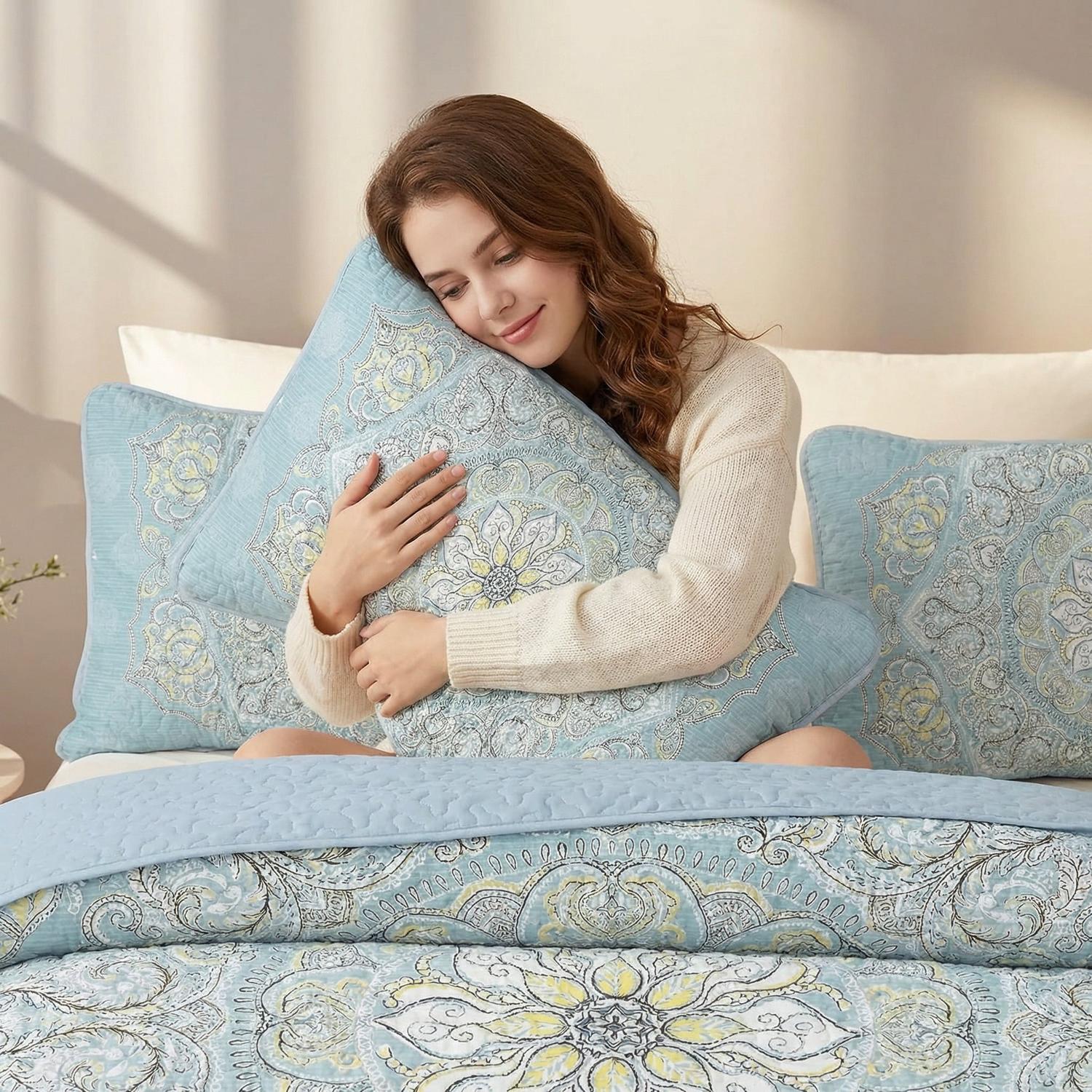 Boho mandala printed quilt set in vibrant colors, featuring intricate patterns on soft microfiber.