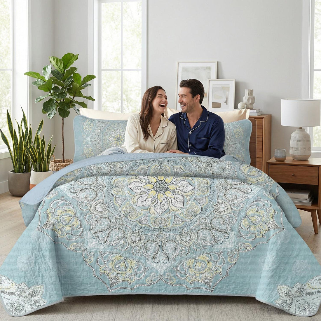 Twin boho mandala printed quilt set in microfiber, featuring intricate patterns for stylish bedroom decor.