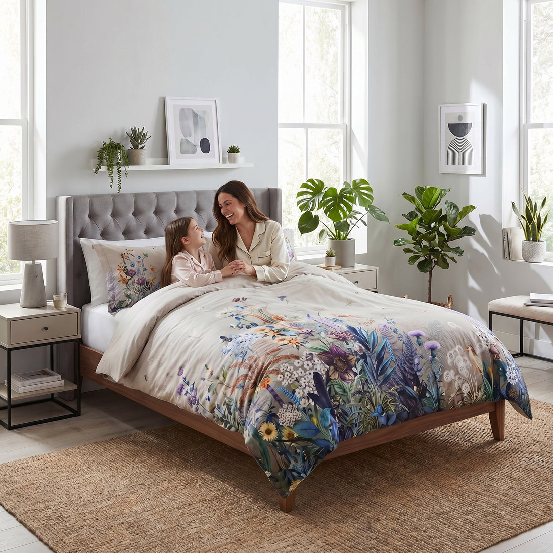 Botanical floral 500 thread count cotton duvet cover set with vibrant pink, purple, and blue flowers on a neutral base.