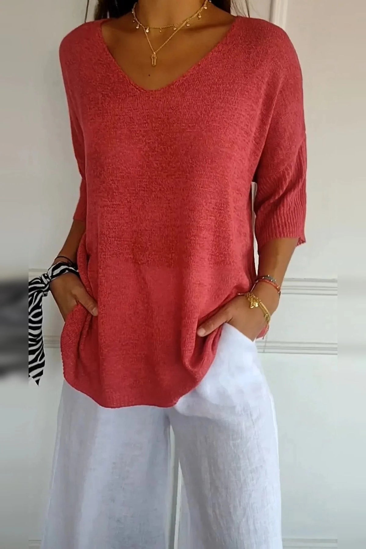 Breathable V-Neck Knit Top for Women in Various Colors 0