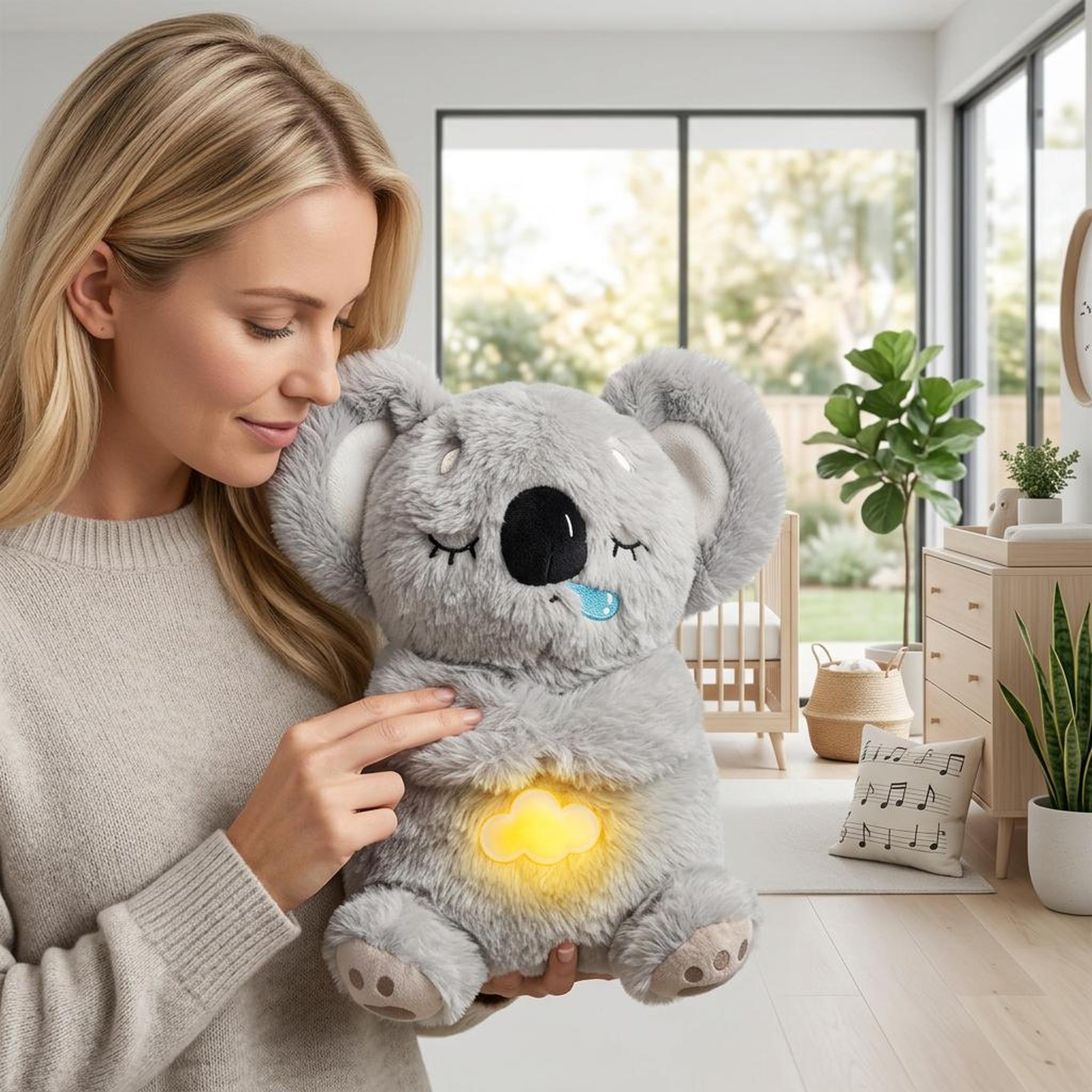 Grey koala plush toy with a glowing yellow cloud on its belly, held by a woman in a nursery.