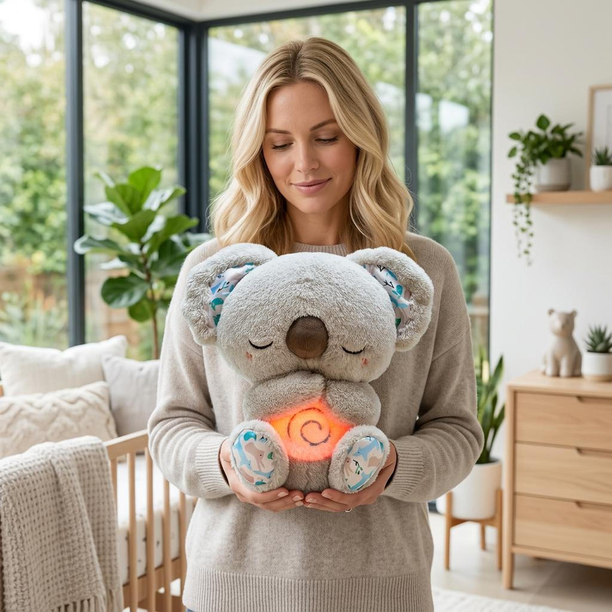 Woman holding a grey plush koala toy with a glowing orange belly in a nursery.