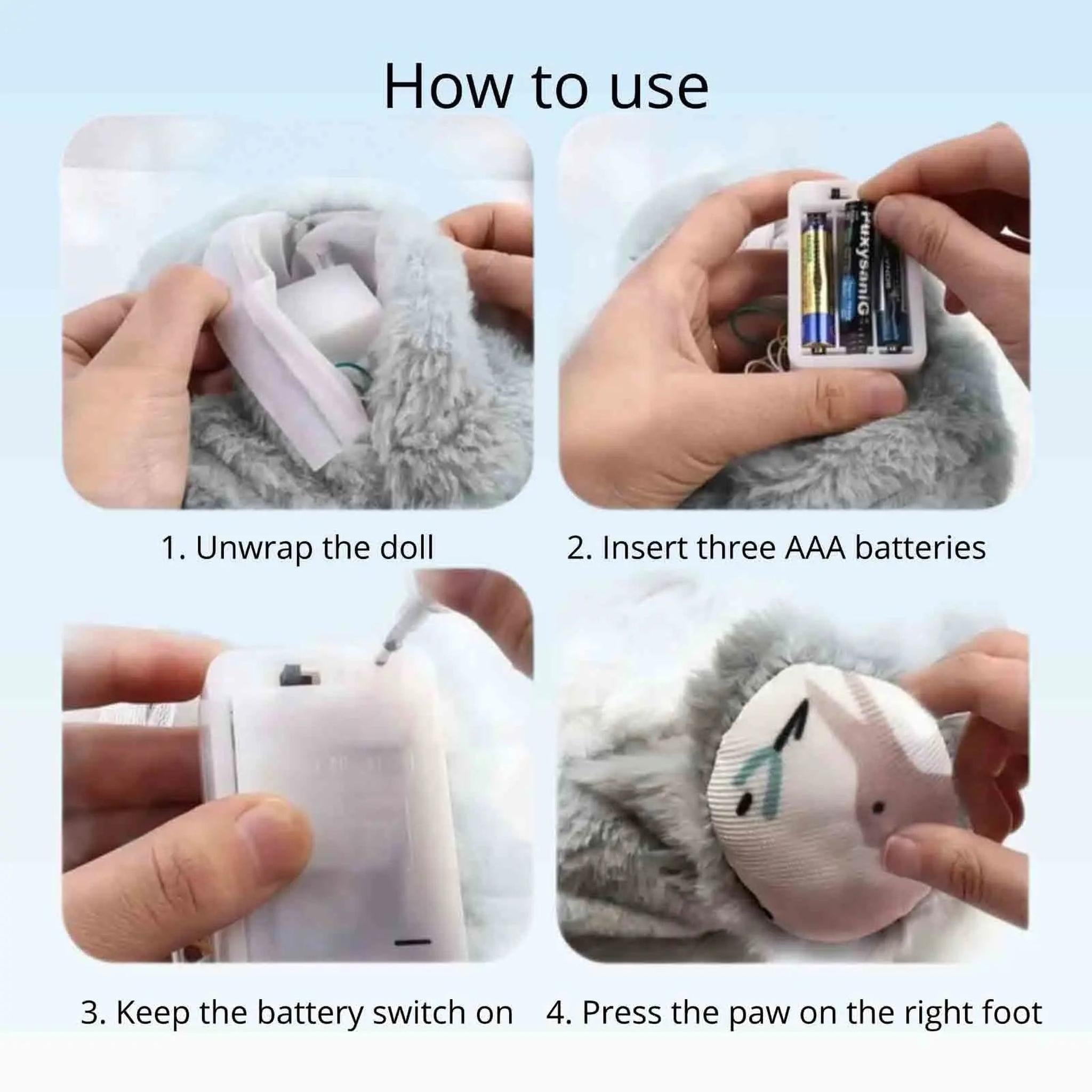 Four-step guide showing how to insert batteries and turn on the breathing otter plush toy.